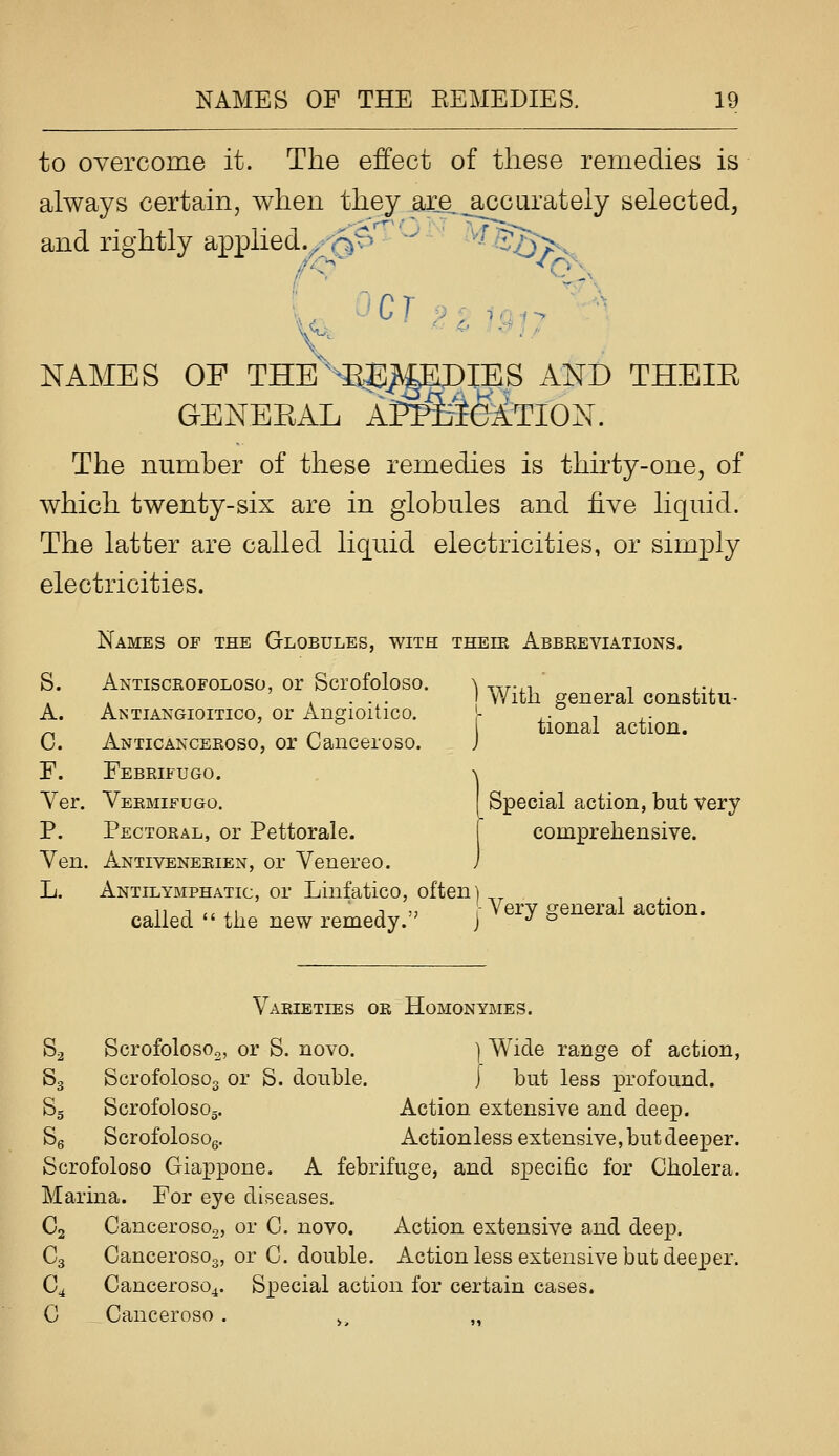 to overcome it. The effect of these remedies is always certain, when they are^ accurately selected, and rightly appliedyf^r>' '-^ ^-^X, NAMES OF THE ^'fiJJ^PIES AND THEIE GENEEAL APl%I^TlON. The niimher of these remedies is thirty-one, of which twenty-six are in globules and ^yg liquid. The latter are called liquid electricities, or simply electricities. Names of the Globules, with theik Abbreviations. S. Antisckofoloso, or Scrofoloso. \ -.-...,t , ... , ... VVitii general constitu- A. Antiangioitico, or Anffioitico. - .- i ^ , r^ tional action. C. Anticanceeoso, or Canceroso. j F. Febeifugo. \ Ver. Veemifugo. ! Special action, but very P. Pectoeal, or Pettorale. [ comprehensive. Veil. Antiveneeien, or Venereo. / L. Antilymphatic, or Liufatico, often] i +• called  the new remedy. j J & Vaeieties or Homonymes. 52 ScrofolosOo, or S. novo. ] Wide range of action, 53 ScrofolosOs or S. double. I but less profound. Sg Scrofolosoj. Action extensive and deep. Sg Scrofolosog. Actionless extensive, but deeper. Scrofoloso Giappone. A febrifuge, and specific for Cholera. Marina. For eye diseases. C2 Cancerosos, or C. novo. Action extensive and deep. Cg Canceroso3, or C. double. Action less extensive but deeper. C4 Canceroso4. Special action for certain cases. C __ Canceroso .