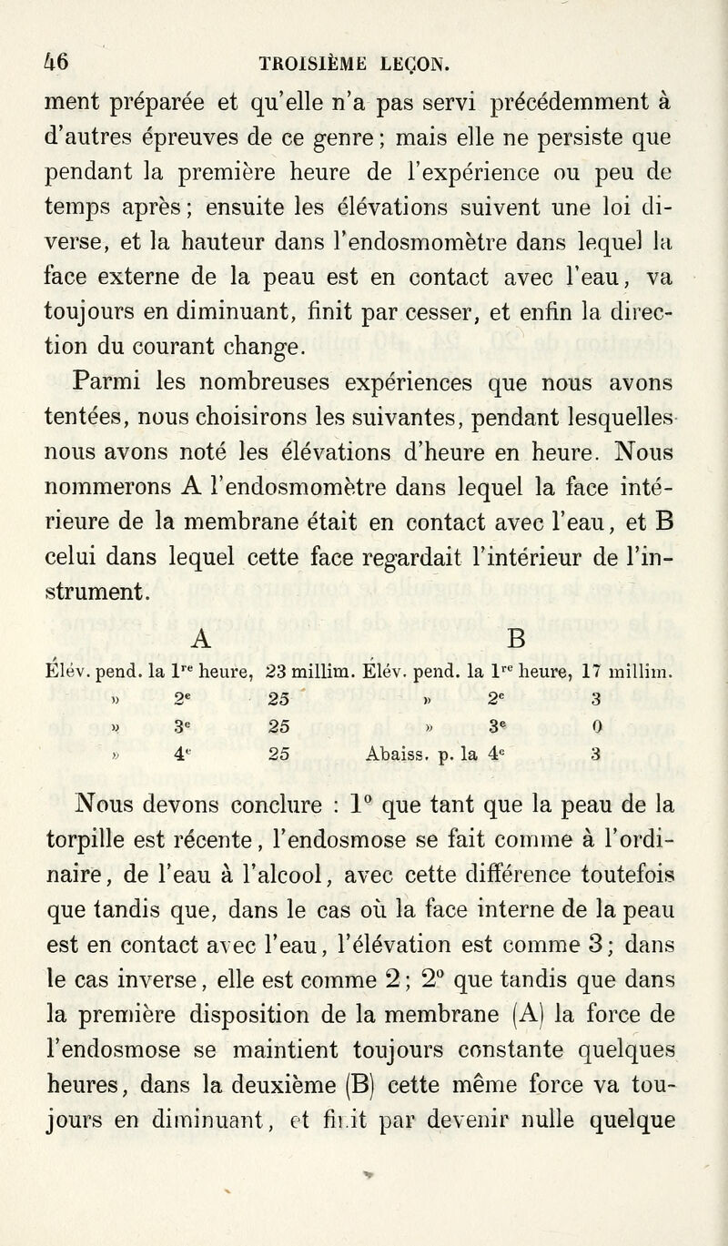 ment préparée et qu'elle n'a pas servi précédemment à d'autres épreuves de ce genre ; mais elle ne persiste que pendant la première heure de l'expérience ou peu de temps après ; ensuite les élévations suivent une loi di- verse, et la hauteur dans l'endosmomètre dans lequel la face externe de la peau est en contact avec l'eau, va toujours en diminuant, finit par cesser, et enfin la direc- tion du courant change. Parmi les nombreuses expériences que nous avons tentées, nous choisirons les suivantes, pendant lesquelles nous avons noté les élévations d'heure en heure. Nous nommerons A l'endosmomètre dans lequel la face inté- rieure de la membrane était en contact avec l'eau, et B celui dans lequel cette face regardait l'intérieur de l'in- strument. A B Elév. pend, la 1 heure, 23 millim. Elév. pend, la 1'''' heure, 17 millim. 2« 25 » 2« 3 3« 25 » 3^ 0 4e 25 Abaiss, p. la 4^ 3 Nous devons conclure : 1^ que tant que la peau de la torpille est récente, l'endosmose se fait comme à l'ordi- naire, de l'eau à l'alcool, avec cette différence toutefois que tandis que, dans le cas où la face interne de la peau est en contact avec l'eau, l'élévation est comme 3; dans le cas inverse, elle est comme 2 ; 2** que tandis que dans la première disposition de la membrane (A) la force de l'endosmose se maintient toujours constante quelques heures, dans la deuxième (B) cette même force va tou- jours en diminuant, et fii.it par devenir nulle quelque