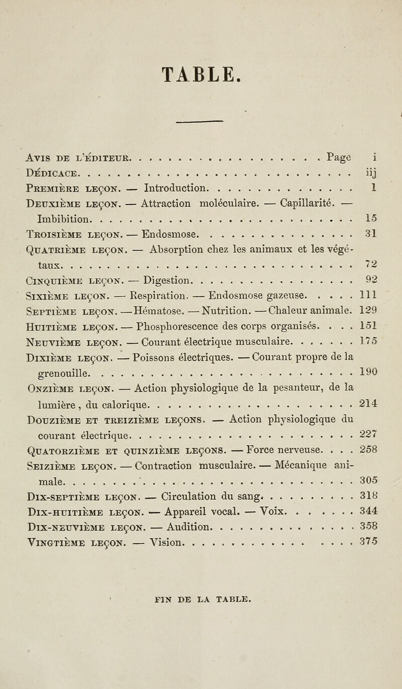 TABLE. Avis de l'éditeur Page i DÉDICACE iij Première leçon. — Introduction 1 Deuxième leçon. — Attraction moléculaire. — Capillarité. — Imbibition 15 Troisième leçon. — Endosmose 31 Quatrième leçon. — Absorption chez les animaux et les végé- taux • 72 Cinquième leçon. — Digestion 92 Sixième leçon. — Respiration.—Endosmose gazeuse 111 Septième leçon. —Hématose. —Nutrition. —Chaleur animale. 129 Huitième leçon. — Phosphorescence des corps organisés. . . . 151 Neuvième leçon.—Courant électrique musculaire 175 Dixième leçon. —Poissons électriques. —Courant propre de la grenouille 190 Onzième leçon. — Action physiologique de la pesanteur, de la lumière , du calorique 214 Douzième et treizième leçons. — Action physiologique du courant électrique 227 Quatorzième et quinzième leçons. — Force nerveuse. . . . 258 Seizième leçon. — Contraction musculaire. — Mécanique ani- male ■ 305 Dix-septième leçon. — Circulation du sang* 318 Dix-huitième leçon. — Appareil vocal. — Voix 344 Dix-neuvième leçon. — Audition 358 Vingtième leçon. — Vision 375 PIN DE LA table.