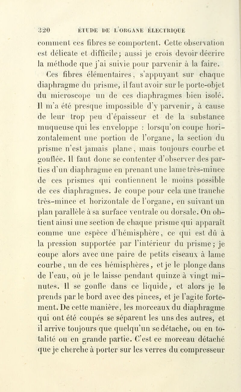 comment ces fibres se comportent. Cette observation est délicate et difficile; aussi je crois devoir décrire la méthode que j'ai suivie pour parvenir à la faire. Ces fibres élémentaires, s'appuyant sur chaque diaphragme du prisme, il faut avoir sur le porte-objet du microscope un de ces diaphragmes bien isolé. Il m'a été presque impossible d'y parvenir, à cause de leur trop peu d'épaisseur et de la substance muqueuse qui les enveloppe : lorsqu'on coupe hori- zontalement une portion de l'organe, la section du prisme n'est jamais plane, mais toujours courbe et gonflée. Il faut donc se contenter d'observer des par- ties d'un diaphragme en prenant une lame très-mince de ces prismes qui contiennent le moins possible de ces diaphragmes. Je coupe pour cela une tranche très-mince et horizontale de l'organe, en suivant un plan parallèle à sa surface ventrale ou dorsale. On ob- tient ainsi une section de chaque prisme qui apparaît comme une espèce d'hémisphère, ce qui est dû à la pression supportée par l'intérieur du prisme; je coupe alors avec une paire de petits ciseaux à lame courbe, un de ces hémisphères, et je le plonge clans de l'eau, où je le laisse pendant quinze à vingt mi- nutes. 11 se gonfle dans ce liquide, et alors je le prends par le bord avec des pinces, et je l'agite forte- ment. De cette manière, les morceaux du diaphragme qui ont été coupés se séparent les uns des autres, et il arrive toujours que quelqu'un se détache, ou en to- talité ou en grande partie. C'est ce morceau détaché que je cherche à porter sur les verres du compresseur