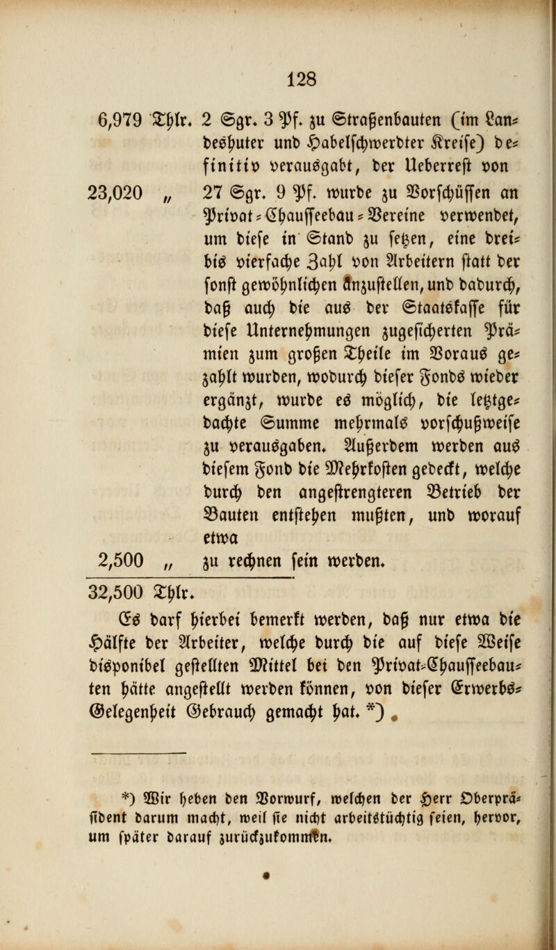 6,979 ■£$&♦ 2 ©gr- 3 $f. ju ©tragenbauten (i™ San. behütet unb £abelfci)werbter Greife) be* ftntttt) verausgabt, ber Ueberreft von 23,020 „ 27 ©gr* 9 $f. würbe ju SSorföüffen an privat * Sfjauffeebau * Vereine verwenbet, um biefe in ©tanb ju fe§en, eine bret* bis vierfache 3<x\)l tooti Arbeitern ftatt ber fonfi gewellteren finjufteüen, unb baburcfy, bag aucfy bie aus ber ©taatef äffe für tiefe Unternehmungen jugefi'c^erten $rci* mien jum großen £f)eile im SSorauö ge* jafrtt würben, woburd) biefer gonbS wieber ergänjt, würbe e$ möglich, bie tegtge* backte ©umme mehrmals vorfc$ußwetfe ju verausgaben* 2lu§erbem werben au$ biefem gonb bie SÄe^rfoften gebecft, welche bur$ ben angeftrengteren ^Betrieb ber 33auten entfielen mußten, unb worauf ttvoa 2,500 „ ju rennen fein werben* 32,500 £f>fr- Qö barf hierbei bemerft werben, bafj nur ütt>a bie Jpälfte ber Arbeiter, welche bur$ bie auf btefe SBeife biöponibel geftellten SÄittel Ui ben $rtvat>@£auffeebau* ten fyättt angeftellt werben fonnen, von biefer GrrwerbS* @elegen£eit ©ebraucf) gemalt fyat. *) # *) 2Bir f)eben ben 93orrourf, roefcfyen ber £err Dberprä* ftbent barum mad)t, weil fle mctjt arbettätüdjtig feien, tytvwr, um fpäter barauf surücfaufommtm