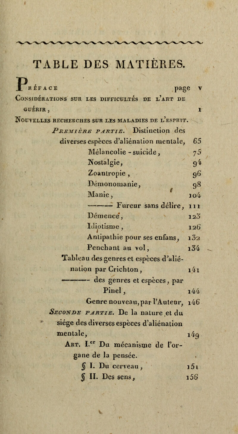 TABLE DES MATIÈRES. P, reface Page v Considérations sur les difficultés de l'art de guérir , i Nouvelles recherches sur les maladies de l'esprit. Première partie. Distinction des diverses espèces d'aliénation mentale, 65 Mélancolie - suicide , j5 Nostalgie, g4 Zoantropie, 96 Démonomanie, 98 Manie -, io4 Fureur sans délire, 111 Démence, 123 Idiotisme, 126 Antipathie pour ses enfans, i32 Penchant au yoI, i34 Tableau des genres et espèces d'alié- nation par Crichton, i4i —■——— des genres et espèces, par Pinel, i44 Genre nouveau, par l'Auteur, i46 Seconde partie. De la nature et du siège des diverses espèces d'aliénation mentale, i4q Art, I.er Du mécanisme de For- gane de la pensée. § I. Du cerveau, i5i