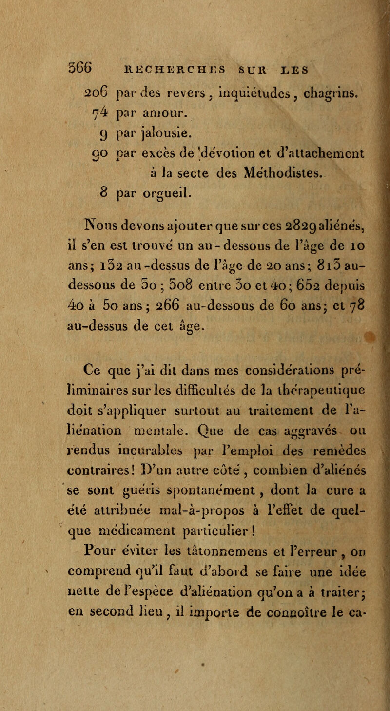 206 par des revers, inquiétudes, chagrins. 74 par amour. 9 par jalousie, go par excès de 'dévotion et d'attachement à Ja secte des Méthodistes. 8 par orgueil. Nous devons ajouter que sur ces 282g aliènes, il s'en est trouve' un au-dessous de l'âge de 10 ans ; 132 au -dessus de l'âge de 20 ans ; 813 au- dessous de 5o ; 5o8 entre 3o et 4o; 652 depuis 4o à 5o ans ; 266 au-dessous de 60 ans* et 78 au-dessus de cet âge. Ce que j'ai dit dans mes conside'rations pré- liminaires sur les difficultés de la thérapeutique doit s'appliquer surtout au traitement de l'a- liénation mentale. Que de cas aggravés ou rendus incurables par l'emploi des remèdes contraires! D'un autre côté , combien d'aliénés se sont guéris spontanément , dont la cure a été attribuée mal-à-propos à l'effet de quel- que médicament particulier ! Pour éviter les tâtonnemens et l'erreur , on comprend qu'il faut d'abord se faire une idée nette de l'espèce d'aliénation qu'on a à traiter* en second lieu, il importe de connaître le ca-