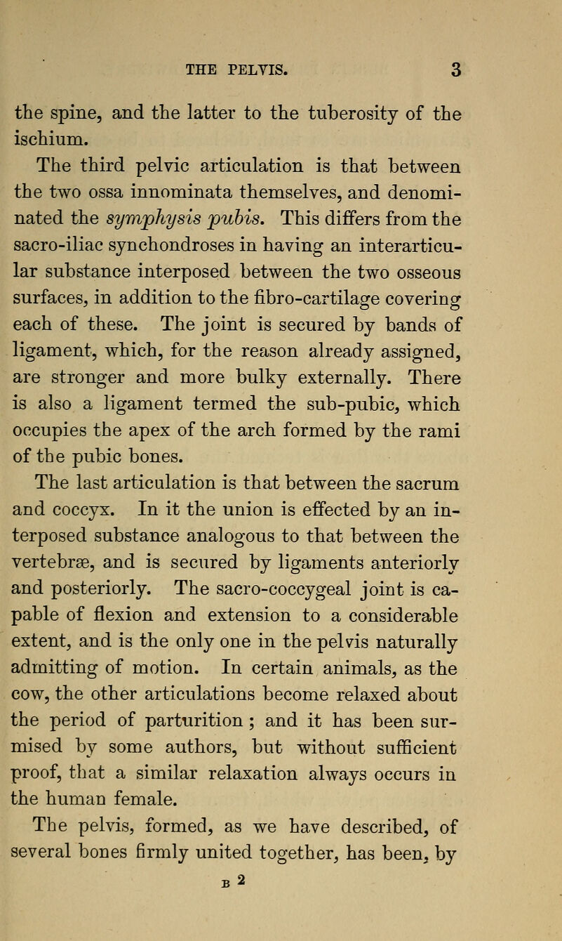 the spine, and the latter to the tuberosity of the ischium. The third pelvic articulation is that between the two ossa innominata themselves, and denomi- nated the symphysis pubis. This differs from the sacro-iliac synchondroses in having an interarticu- lar substance interposed between the two osseous surfaces, in addition to the fibro-cartilage covering each of these. The joint is secured by bands of ligament, which, for the reason already assigned, are stronger and more bulky externally. There is also a ligament termed the sub-pubic, which occupies the apex of the arch formed by the rami of the pubic bones. The last articulation is that between the sacrum and coccyx. In it the union is effected by an in- terposed substance analogous to that between the vertebrse, and is secured by ligaments anteriorly and posteriorly. The sacro-coccygeal joint is ca- pable of flexion and extension to a considerable extent, and is the only one in the pelvis naturally admitting of motion. In certain animals, as the cow, the other articulations become relaxed about the period of parturition; and it has been sur- mised by some authors, but without sufficient proof, that a similar relaxation always occurs in the human female. The pelvis, formed, as we have described, of several bones firmly united together, has been, by b2