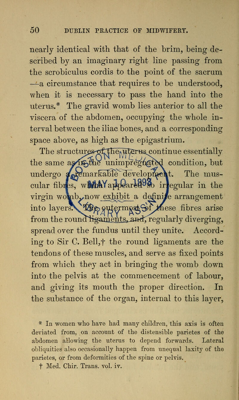 nearly identical with that of the brim, being de- scribed by an imaginary right line passing from the scrobiculas cordis to the point of the sacrum —^Ei circumstance that requires to be understood, when it is necessary to pass the hand into the uterus.* The gravid womb lies anterior to all the viscera of the abdomen, occupying the whole in- terval between the iliac bones, and a corresponding space above, as high as the epigastrium. The structums-iTfrfheisutenis continue essentially the same asK%me unimpregn^ed condition, but undergo ^*iemarEaSie^developm«\^ The mus- cular fibiEs, w|tflAYa^>eariaw) iriegular in the virgin womb^now_exhiMt_a defini/e arrangement into layersA. ^fe oute^'mo^^r^ese fibres arise from the rounoiigainents^^and:^ regularly diverging, spread over the fundus until they unite. Accord- ing to Sir C. Belljt the round ligaments are the tendons of these muscles, and serve as fixed points from which they act in bringing the womb down into the pelvis at the commencement of labour, and giving its mouth the proper direction. In the substance of the organ, internal to this layer, ^ In women who have had many children, this axis is often deviated from, on account of the distensible parietes of the abdomen allowing the uterus to depend forwards. Lateral obliquities also occasionally happen from unequal laxity of the parietes, or from deformities of the spine or pelvis. t Med. Chir. Trans, vol. iv.