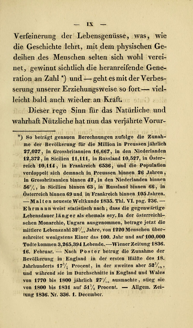 Verfeinerung der Lebensgenüsse, was, wie die Geschichte lehrt, mit dem physischen Ge- deihen des Menschen selten sich wohl verei- net, gewinnt sichtlich die heranreifende Gene- ration an Zahl *) und — geht es mit der Verbes- serung unserer Erziehungsweise so fort— viel- leicht bald auch wieder an Kraft. Dieser rege Sinn für das Natürliche und wahrhaft Nützliche hat nun das verjährte Vorur- *) So beträgt genauen Berechnungen zufolge die Zunah- me der Bevölkerung für die Million in Preussen jährlich 27,027, in Grosshritannien 16,667, in den Niederlanden 12,372, in Sicilien 11,111, in Russland 10,527, in Öster- reich 10,114, in Frankreich 6536, und die Population verdoppelt sich demnach in Preussen binnen 26 Jahren, in Grossbritannien binnen 42, in den Niederlanden binnen 66/;, in Sicilien binnen 63, in Russland binnen 66, in Österreich binnen 69 und in Frankreich binnen 105 Jahren. —Malten neueste Weltkunde 1835. Thl. VI. pag. 236. — Ehrmann weist statistisch nach, dass die gegenwärtige Lebensdauer länger als ehemals sey. In der österreichi- schen Monarchie, Ungarn ausgenommen, betrage jetzt die mittlere Lebenszahl 32 V, „Jahre, von 1220 Menschen über- schreitet wenigstens Einer das 100. Jahr und auf 100,000 Todte kommen 3,265,394 Lebende. —Wiener Zeitung 1836. 16. Februar. — Nach Poster betrug die Zunahme der Bevölkerung in England in der ersten Hälfte des 18. Jahrhunderts 17y4 Procent, in der zweiten aber 62y,o, und während sie im Durchschnitte in England und Wales von 1770 bis 1800 jährlich 27'/,„ ausmachte, stieg sie von 1800 bis 1831 auf ölVg Procent. — Allgem. Zei- tung 1836. Nr. 336. 1. Deccmber.