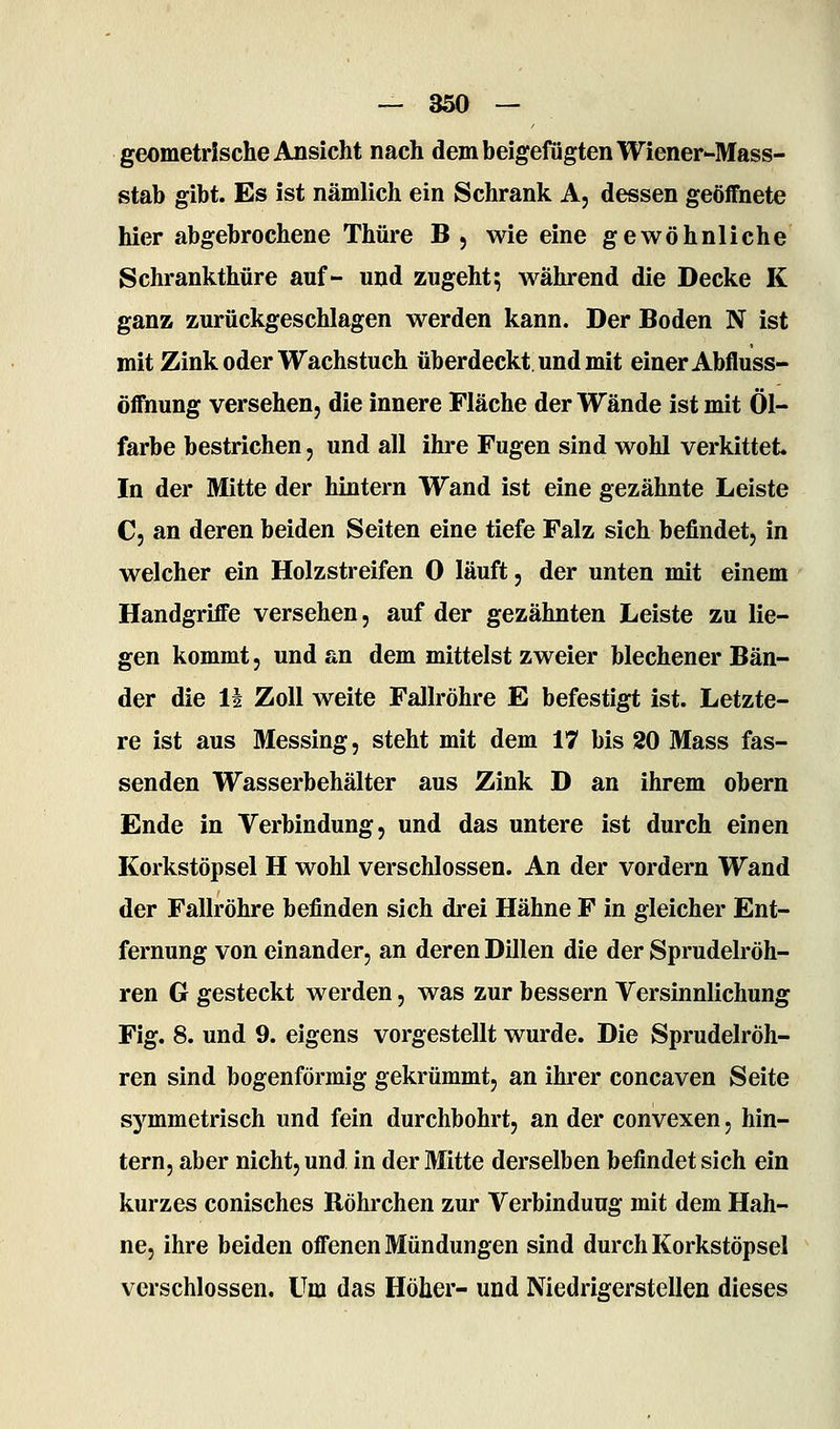 geometrische Ansicht nach dem beigefügten Wiener-Mass- stab gibt. Es ist nämlich ein Schrank A, dessen geöffnete hier abgebrochene Thüre B , wie eine gewöhnliche Schrankthüre auf- und zugeht; während die Decke K ganz zurückgeschlagen werden kann. Der Boden N ist mit Zink oder Wachstuch überdeckt und mit einer Abfluss- öffnung versehen, die innere Fläche der Wände ist mit Öl- farbe bestrichen j und all ihre Fugen sind wohl verkittet In der Mitte der hintern Wand ist eine gezähnte Leiste C, an deren beiden Seiten eine tiefe Falz sich befindet, in welcher ein Holzstreifen 0 läuft, der unten mit einem Handgriffe versehen, auf der gezähnten Leiste zu lie- gen kommt 5 und an dem mittelst zweier blechener Bän- der die li Zoll weite Fallröhre E befestigt ist. Letzte- re ist aus Messing, steht mit dem 17 bis 20 Mass fas- senden Wasserbehälter aus Zink D an ihrem obern Ende in Verbindung, und das untere ist durch einen Korkstöpsel H wohl verschlossen. An der vordem Wand der Fallröhre befinden sich drei Hähne F in gleicher Ent- fernung von einander, an deren Dillen die der Sprudelröh- ren G gesteckt werden, was zur bessern Versinnlichung Fig. 8. und 9. eigens vorgestellt wurde. Die Sprudelröh- ren sind bogenförmig gekrümmt, an ihrer concaven Seite symmetrisch und fein durchbohrt, an der convexen, hin- tern, aber nicht, und in der Mitte derselben befindet sich ein kurzes conisches Röhrchen zur Verbindung mit dem Hah- ne, ihre beiden offenen Mündungen sind durch Korkstöpsel verschlossen. Um das Höher- und Niedrigerstellen dieses