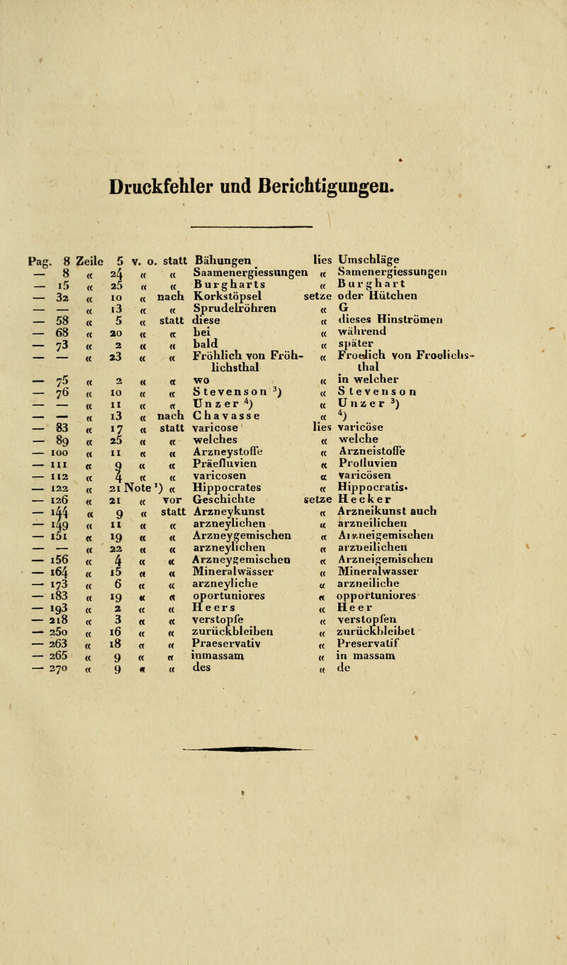 Druckfehler und Beriühtiguugeu. Pag. 8 Zeile 5 V. 0 . Statt Bähungen ^ lies - 8 « 24 « (( Saamenergiessnngen « — i5 « 25 u (( B ur gharts « — 32 (( 10 (( nach Korkstöpsel setze « i3 « « Sprudelröhren « - 58 « 5 <( statt diese « — 68 (( 20 (( (C bei « - 73 « 2 « « bald « <e 23 « « Flöhlich von Fröh- lichsthai « - 75 « 2 M tc wo K - 76 « 10 « « Stevenson ') « « II « « Unser *) « — — K i3 <C nacb Ghavasse _« — 83 « 17 (( statt varicose lies - 89 « 25 « « welches « — 100 « II « « Araneystofie « — III « t « (( Präelluvien (i — 112 « « « varicosen a — 122 « 21 Note') « Hippocrates « — 126 « 21 (( vor Geschichte setze -ij4 « 9 « statt Arzneykunst « — 149 « II M « arzneylichen « — i5i « >9 « <( Arzneyi^emischen « — — u 22 (( « arzneylichen « — i56 « 4 « K ArzneygemischeD « — i64 « i5 M (( Mineralwässer « -173 « 6 « <C arzneyliche « — i83 « '9 « A oportuniores N - 193 « 2 <( « Heers « — 2l8 « 3 « a verstopfe (t — 25o « 16 « « zurückbleiben « — 263 « 18 « « Praeservativ « — 265 « 9 « « inmassam (( — 270 « 9 « « des (( Umschläge Samenergiessungen B u r g h a r t oder Hütchen G dieses Hinströmen während später FroeJich von Froelichs- Ihal in welcher S tevenson U n z e r ') ') . varicöse welche ArzneistoflTe Prolluvien varicosen Hippocratis« Hecker Arzneikunst auch arzneilichen Ai Kneigemischen ai'zueilichen Arzneigemischen Mineralwasser arzneiliche opportuniores- Heer verstopfen zurückbleibet Preservatif in massam de