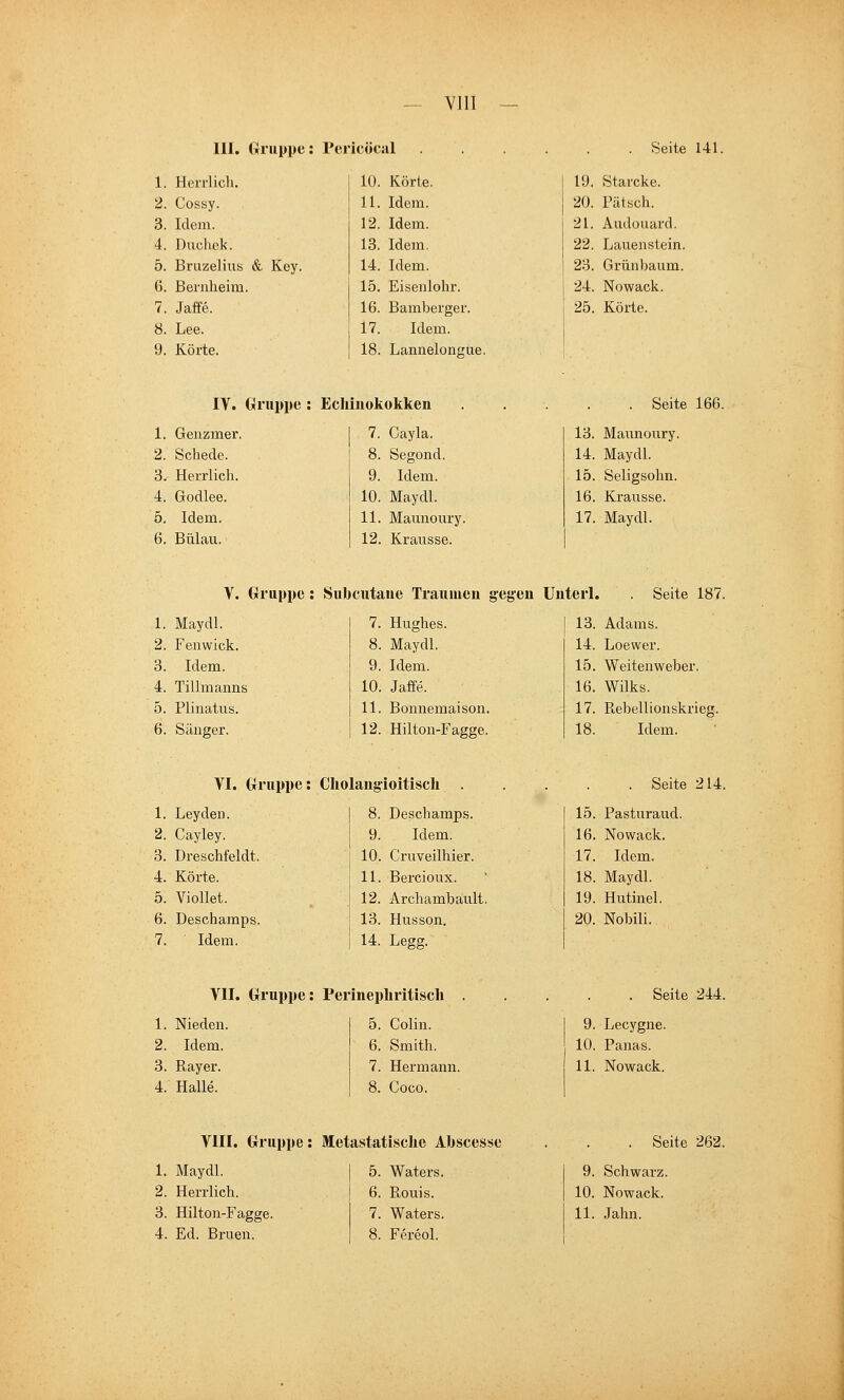 — VllI III. Gl iippe: Pericöcal . Seite 141 1. Herrlich. 10. Körte. 19. Starcke. 2. Cossy. 11. Idem. 20. Patsch. 3. Idem. 12. Idem. 21. Audouard. 4. Duchek. 13. Idem. 22. Lauenstein. 5. Bruzelius & Key. 14. Idem. 23. Grünbanm. 6. Beniheim 15. Eisenlohr. 24. Nowack. 7. Jaffe. 16. Bamberger. 25. Körte. 8. Lee. 17. Idem. 9. Körte. 18. Lannelongue. IV. Gruppe : Echinokokken Seite 166. 1. Genzmer. 2. Schede. 3^ Herrlich. 4. Godlee. 5. Idem. 6. Bülau. 7. Cayla. 8. Segond. 9. Idem. 10. Maydl. 11. Mamioury. 12. Krausse. 13. Maiinoury. 14. Maydl. 15. Seligsohn. 16. Krausse. 17. Maydl. V. Gruppe: Subcutane Traumen gegen Unterl. Seite 187. 1. Maydl. 2. Fenwick. 3. Idem. 4. Tillmanns 5. Plinatus. 6. Sänger. 7. Hughes. 8. Maydl. 9. Idem. 10. Jaffe. 11. Bonnemaison. 12. Hilton-Fagge. 13. Adams. 14. Loewer. 15. Weitenweber. 16. Wilks. 17. Rebellionskrieg. 18. Idem. 1. Leyden. 2. Cayley. 3. Dreschfeldt 4. Körte. 5. VioUet. 6. Deschamps 7. Idem. VI. Gruppe: Cholangioitiscli . 8. Deschamps. 9. Idem. 10. Cruveilhier. 11. Bercioux. Seite 214. 12. Archambault. 13. Husson. 14. Legg. 15. Pasturaud. 16. Nowack. 17. Idem. 18. Maydl. 19. Hutinel. 20. Nobili. 1. Nieden. 2. Idem. 3. Ray er. 4. Halle. Vir. Gruppe: Perinepliritisch 5. Colin. 6. Smith. 7. Hermann. 8. Coco. Seite 244. 9. Lecygne. 10. Panas. 11. Nowack. VIII. Gruppe: Metastatische Ahscesse 1. Maydl. 5. Waters. 2. Herrlich. 6. Rouis. 4. Ed. Bruen. 8. Fereol. Seite 262. 9. Schwarz. 10. Nowack.