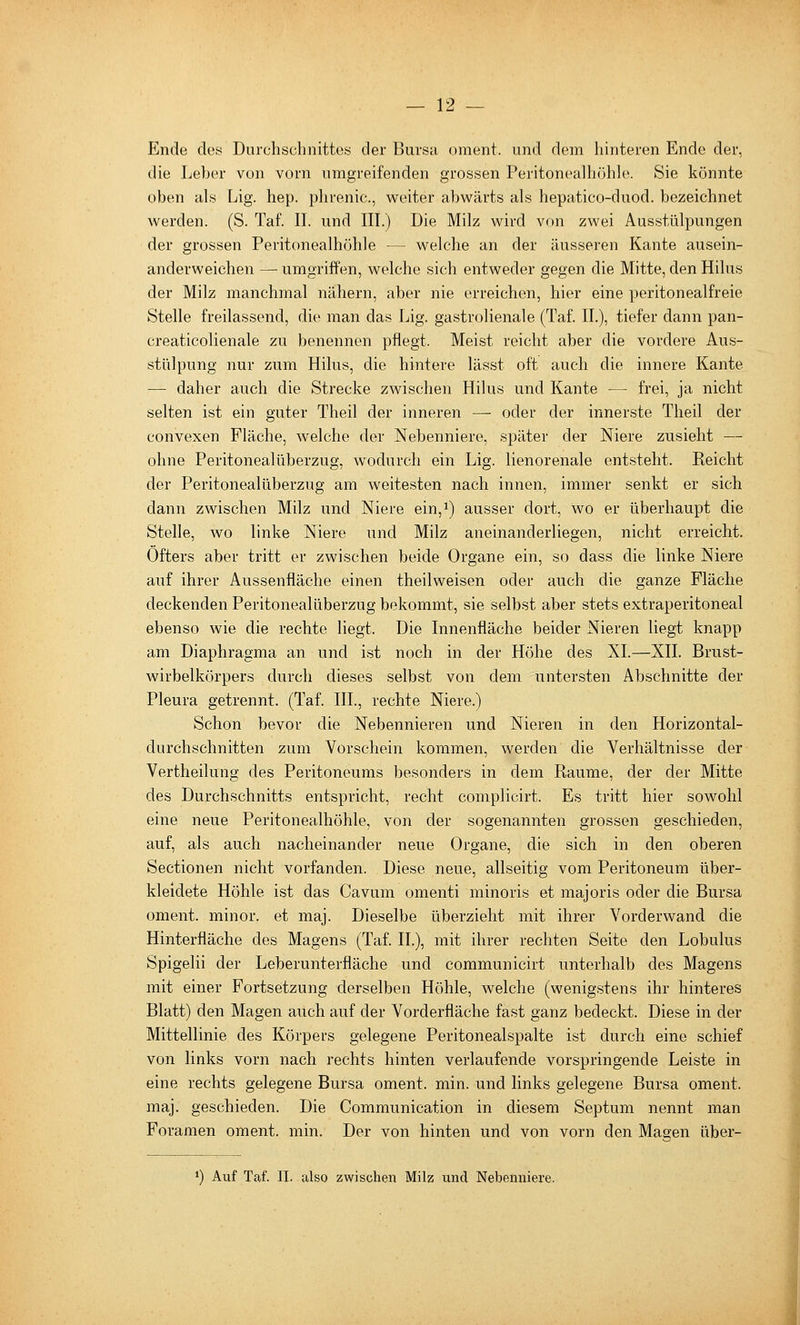 Ende des Durchschnittes der Bursa oment. und dem hinteren Endo der, die Leber von vorn umgreifenden grossen Peritonealhöhle. Sie könnte oben als Lig. hep. phrenic, weiter abwärts als hepatico-duod. bezeichnet werden. (S. Taf. IL und IIL) Die Milz wird von zwei Ausstülpungen der grossen Peritonealhöhle — welche an der äusseren Kante ausein- anderweichen — umgriffen, welche sich entweder gegen die Mitte, den Hilus der Milz manchmal nähern, aber nie erreichen, hier eine peritonealfreie Stelle freilassend, die man das Lig. gastrolienale (Taf. IL), tiefer dann pan- creaticolienale zu benennen pflegt. Meist reicht aber die vordere Aus- stülpung nur zum Hilus, die hintere lässt oft auch die innere Kante — daher auch die Strecke zwischen Hilus und Kante — frei, ja nicht selten ist ein guter Theil der inneren — oder der innerste Theil der convexen Fläche, welche der Nebenniere, später der Niere zusieht — ohne Peritonealüberzug, wodurch ein Lig. lienorenale entsteht. Reicht der Peritonealüberzug am weitesten nach innen, immer senkt er sich dann zwischen Milz und Niere ein,i) ausser dort, wo er überhaupt die Stelle, wo linke Niere und Milz aneinanderliegen, nicht erreicht. Öfters aber tritt er zwischen beide Organe ein, so dass die linke Niere auf ihrer Aussenfläche einen theilweisen oder auch die ganze Fläche deckenden Peritonealüberzug bekommt, sie selbst aber stets extraperitoneal ebenso wie die rechte liegt. Die Innenfläche beider Nieren liegt knapp am Diaphragma an und ist noch in der Höhe des XL—XII. Brust- wirbelkörpers durch dieses selbst von dem untersten Abschnitte der Pleura getrennt. (Taf. IIL, rechte Niere.) Schon bevor die Nebennieren und Nieren in den Horizontal- durchschnitten zum Vorschein kommen, werden die Verhältnisse der Vertheilung des Peritoneums besonders in dem Räume, der der Mitte des Durchschnitts entspricht, recht complicirt. Es tritt hier sowohl eine neue Peritonealhöhle, von der sogenannten grossen geschieden, auf, als auch nacheinander neue Organe, die sich in den oberen Sectionen nicht vorfanden. Diese neue, allseitig vom Peritoneum über- kleidete Höhle ist das Cavum omenti minoris et majoris oder die Bursa oment. minor, et maj. Dieselbe überzieht mit ihrer Vorderwand die Hinterfläche des Magens (Taf. IL), mit ihrer rechten Seite den Lobulus Spigelii der Leberunterfläche und communicirt unterhalb des Magens mit einer Fortsetzung derselben Höhle, welche (wenigstens ihr hinteres Blatt) den Magen auch auf der Vorderfläche fast ganz bedeckt. Diese in der Mittellinie des Körpers gelegene Peritonealspalte ist durch eine schief von links vorn nach rechts hinten verlaufende vorspringende Leiste in eine rechts gelegene Bursa oment. min. und links gelegene Bursa oment. maj. geschieden. Die Communication in diesem Septum nennt man Foramen oment. min. Der von hinten und von vorn den Magen über- ') Auf Taf. IL also zwischen Milz und Nebenniere. I