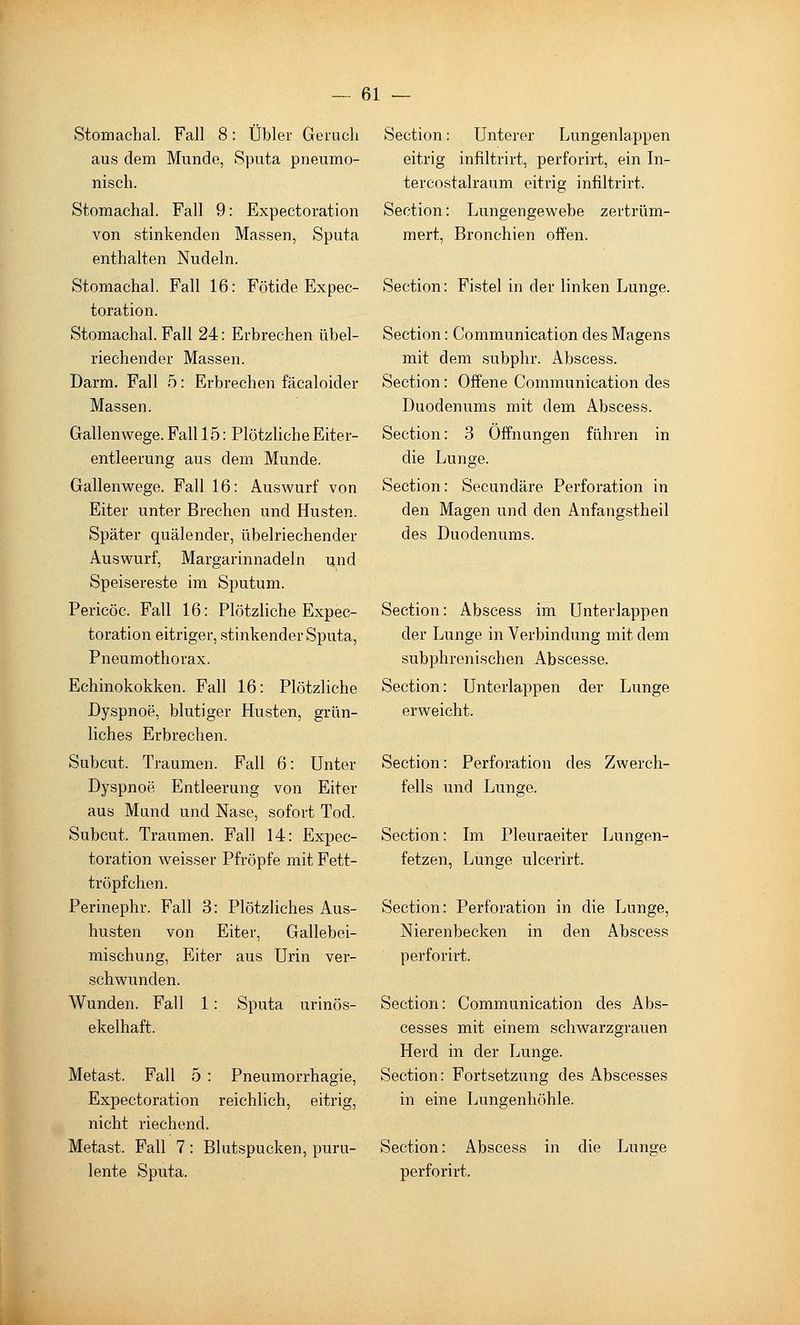Stomachal. Fall 8: Übler Geruch aus dem Munde, Sputa pneumo- nisch. Stomachal. Fall 9: Expectoration von stinkenden Massen, Sputa enthalten Nudeln. Stomachal. Fall 16: Fötide Expec- toration. Stomachal. Fall 24: Erbrechen übel- riechender Massen. Darm. Fall 5: Erbrechen fäcaloider Massen. Gallenwege. Fall 15: Plötzliche Eiter- entleerung aus dem Munde. Gallenwege. Fall 16: Auswurf von Eiter unter Brechen und Husten. Später quälender, übelriechender Auswurf, Margarinnadeln i^nd Speisereste im Sputum. Pericöc. Fall 16: Plötzliche Expec- toration eitriger, stinkender Sputa, Pneumothorax. Echinokokken. Fall 16: Plötzliche Dyspnoe, blutiger Husten, grün- liches Erbrechen. Subcut. Traumen. Fall 6: Unter Dyspnoe Entleerung von Eiter aus Mund und Nase, sofort Tod. Subcut. Traumen. Fall 14: Expec- toration weisser Pfropfe mit Fett- tröpfchen. Perinephr. Fall 3: Plötzliches Aus- husten von Eiter, Gallebei- mischung, Eiter aus Urin ver- schwunden. Wunden. Fall 1: Sputa urinös- ekelhaft. Metast. Fall 5 : Pneumorrhagie, Expectoration reichlich, eitrig, nicht riechend. Metast. Fall 7 : Blutspucken, puru- lente Sputa. Section: Unterer Lungenlappen eitrig infiltrirt, perforirt, ein In- tercostalraum eitrig infiltrirt. Section: Lungengewebe zertrüm- mert, Bronchien offen. Section: Fistel in der linken Lunge. Section: Communication des Magens mit dem subphr. Abscess. Section: Offene Communication des Duodenums mit dem Abscess. Section: 3 Offnungen führen in die Lunge. Section: Secundäre Perforation in den Magen und den Anfangstheil des Duodenums. Section: Abscess im Unterlappen der Lunge in Verbindung mit dem subphrenischen Abscesse. Section: Unterlappen der Lunge erweicht. Section: Perforation des Zwerch- fells und Lunge. Section: Im Pleuraeiter Lungen- fetzen, Lunge ulcerirt. Section: Perforation in die Lunge, Nierenbecken in den Abscess perforirt. Section: Communication des Abs- cesses mit einem schwarzgrauen Herd in der Lunge. Section: Fortsetzung des Abscesses in eine Lungenhöhle. Section: Abscess in die Lunge perforirt.