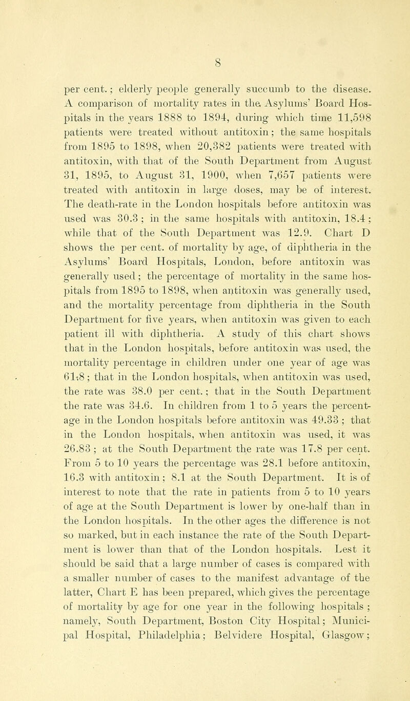 per cent.; elderly people generally succumb to the disease. A comparison of mortality rates in the. Asylums' Board Hos- pitals in the years 1888 to 1894, during which time 11,598 patients were treated without antitoxin; the same hospitals from 1895 to 1898, when 20,382 patients were treated with antitoxin, with that of the South Department from August 31, 1895, to i\.ugust 31, 1900, when 7,657 patients were treated with antitoxin in large doses, may be of interest. The death-rate in the London hospitals before antitoxin was used was 30.3; in the same hospitals with antitoxin, 18.4; while that of the South Department was 12.9. Chart D shows the per cent, of mortality by age, of diphtheria in the Asylums' Board Hospitals, London, before antitoxin was generally used; the percentage of mortality in the same hos- pitals from 1895 to 1898, when antitoxin was generally used, and the mortality percentage from diphtheria in the South Department for five years, when antitoxin was given to each patient ill with diphtheria. A study of this chart shows that in the London hospitals, before antitoxin was used, the mortality percentage in children under one year of age was 61t8; that in the London hospitals, when antitoxin was used,, the rate was 38.0 per cent.; that in the South Department the rate was 34.6. In children from 1 to 5 years the percent- age in the London hospitals before antitoxin was 49.33 ; that in the London hospitals, when antitoxin was used, it was 26.83 ; at the South Department the rate was 17.8 per cent. From 6 to 10 years the percentage was 28.1 before antitoxin, 16.3 with antitoxin; 8.1 at the South Department. It is of interest to note that the rate in patients from 5 to 10 years of age at the South Department is lower by one-half than in the London hospitals. In the other ages the difference is not so marked, but in each instance the rate of the South Depart- ment is lower than that of the London hospitals. Lest it should be said that a large number of cases is compared with a smaller number of cases to the manifest advantage of the latter, Chart E has been prepared, which gives the percentage of mortality by age for one year in the following hospitals ; namely, South Department, Boston City Hospital; Munici- pal Hospital, Philadelphia; Belvidere Hospital, Glasgow;