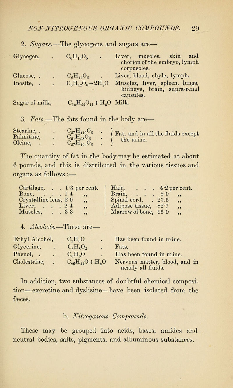 2. Sicgars.—The glycogens and sugars are— Glycogen, . CgH^oOg . Liver, muscles, skin and chorion of the embryo, lymph corpuscles. Glucose, . . CgHigOjj . Liver, blood, chyle, lymph. Inosite, . . C6H^oOe + 2H20 Muscles, liver, spleen, lungs, kidneys, brain, supra-renal capsules. Sugar of milk, CioH^Ai + H^O Milk. Fats.—The fats fonnd in the body are— Stearine, . Palmitine, Oleine, CgiHggOfi Fat, and in all the fluids except the urine. The quantity of fat in the body may be estimated at about 6 pounds, and this is distributed in the various tissues and organs as follows Cartilage, . . 1 3 per cent. Bone, . . .14 ,, Crystalline lens, 2 0 ,, Liver, . . .24 ,, Muscles, . . 33 Hair, . . . 4*2 per cent. Brain, . . . S'O ,, Spinal cord, . 23.6 ,, Adipose tissue, 82 7 ,, Marrow of bone, 96*0 ,, 4. Alcohols.- —These are— Ethyl Alcohol, C.HgO Glycerine, C,H303 . Phenol, . CcHeO Cholestrine, C,6H4,0 + H,0 Has been found in urine. Fats. Has been found in urine. Nervous matter, blood, and in nearly all fluids. In addition, two substances of doubtful chemical composi- tion—excretine and dyslisine—have been isolated from the faeces. b. Nitrogenous Corjijwunds. These may be grouped into acids, bases, amides and neutral bodies, salts, pigments, and albuminous substances.