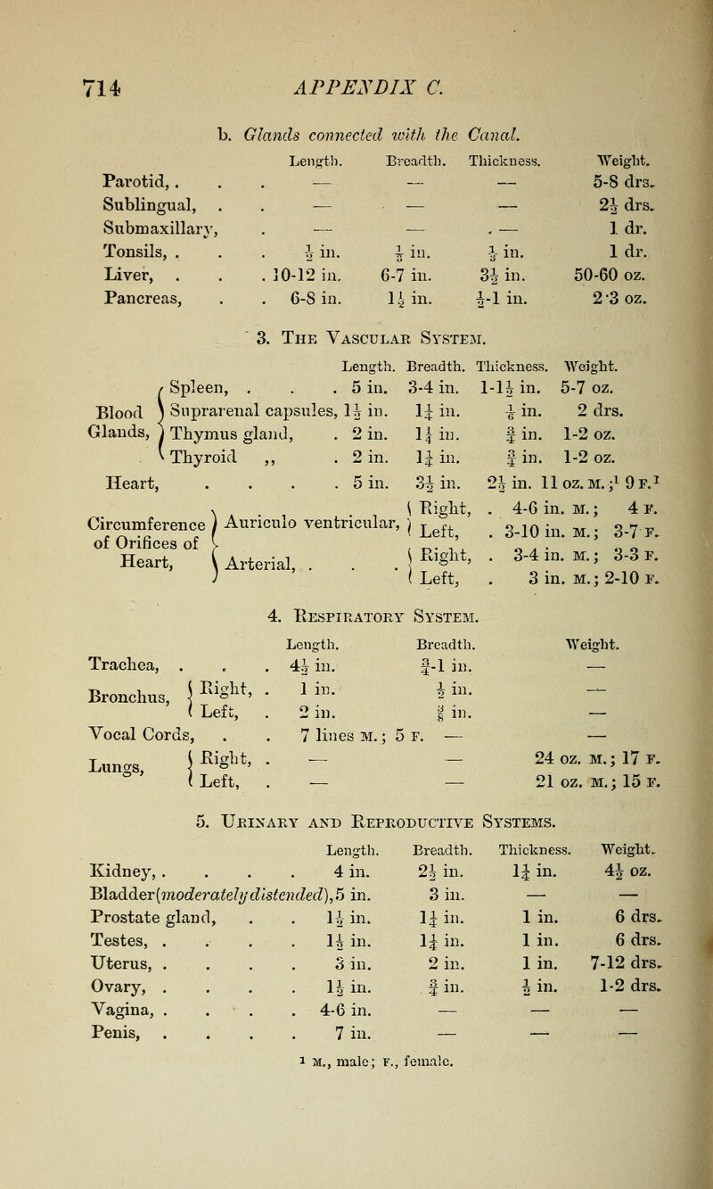 b. Qlands connected w'dli the Canal. Leiigtli. Breadth. Thickness. Weight. Parotid, . . . — — — 5-8 drs. Sublingual, . . — — — 21 drs. Submaxillary, . — — , — Idr. Tonsils, . . . -^- in. iin. ^- in. Idr. Livei-, . . .10-12 in. 6-7 in. 3i- in. 50-60 oz. Pancreas, . . 6-8 in. ] 14 in. i-1 in. 2-3oz. 3. The Vascul 4.E System. Length . Breadth. Thickness. Weight. / Spleen, , . . 5 in. 3-4 in. 1-U in. 5-7 oz. Blood ) Suprarenal capsules, H in. \i in. -I in. 2 drs. Glands, j Thymus glaiul, . 2 in. l|in. fin. 1-2 oz. 'Thyroid ,, . 2 in. \i in. Sin. 1-2 oz. Heart, . . . . 5 in. 3i in. 2|in. 11 oz.M.;i9r.i Circumference ) Aunculo ventricular, j ^^^^ of Orifices of > , ,^. /, Heart, ^Arterial,. . • j ^^^f' . 4-6 in . 3-10 in . 3-4 in 3 in . M,; 4 F. . M.; 3-7 F. . M.; 3-3 F. . m.;2-10f. 4. E.ESPIRATORY SYSTEM Length. Breadth. Weight. Trachea, . . . 4| in. 1-1 in. — Bronchus, j ^^^S^^^' ' ^ ^• Left, . 2 in. iin. 8 i- — Vocal Cords, . . 7 lines m.; 5r. — — Lungs, j f f'> • - Left, . — — 24 21 oz. M.; 17 F, oz. M.; 15 F. 5. UeINAEY and EePPvODUCTIVE Systems. Length. Breadth. Thickness. WeigM. Kidney, .... 4 in. 2i in. l^in. 4J oz. 'B\QAdiQT[moderatehjdistended),Ti in. 3 in. — -— Prostate gland, . . 1|- in. \l in. lin. 6 drs. Testes, .... U in. H in. lin. 6 drs. Uterus, . . . . 3 in. 2 in. lin. 7-12 drs. Ovary, . . . . 1^ in. f in. A in. 1-2 drs. Vagina, . . . . 4-6 in. — — — Penis, . . . . 7 in. — — — 1 M., male; f , female.