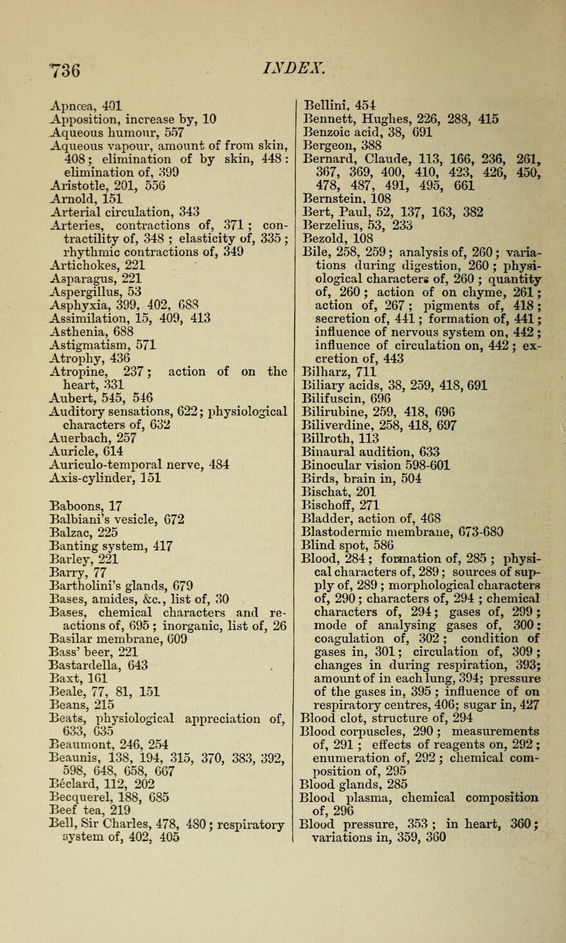 Apncea, 401 Apposition, increase by, 10 Aqueous humour, 557 Aqueous vapour, amount of from skin, 408; elimination of by skin, 448: elimination of, H99 Aristotle, 201, 556 Arnold, 151 Arterial circulation, 343 Arteries, contractions of, 371; con- tractility of, 348 ; elasticity of, 335; rhythmic contractions of, 349 Artichokes, 221 Asparagus, 221 Aspergillus, 53 Asphyxia, 399, 402, G88 Assimilation, 15, 409, 413 Asthenia, 688 Astigmatism, 571 Atrophy, 436 Atropine, 237; action of on the heart, 331 Aubert, 545, 546 ^ Auditory sensations, 622; physiological characters of, 632 Auerbach, 257 Auricle, 614 Auricvdo-temporal nerve, 484 Axis-cylinder, 151 Baboons, 17 Balbiani's vesicle, 672 Balzac, 225 Banting system, 417 Barley, 221 Barry, 77 Bartholini's glands, 679 Bases, amides, &c., list of, 30 Bases, chemical characters and re- actions of, 695 ; inorganic, list of, 26 Basilar membrane, 609 Bass' beer, 221 Bastardella, 643 Baxt, 161 Beale, 77, 81, 151 Beans, 215 Beats, physiological appreciation of, 633, 635 Beaumont, 246, 254 Beaunis, 138, 194, 315, 370, 383, 392, 598, 648, 658, 667 Beclard, 112, 202 Becquerel, 188, 685 Beef tea, 219 Bell, Sir Charles, 478, 480; respiratoiy system of, 402, 405 Bellini, 454 Bennett, Hughes, 226, 288, 415 Benzoic acid, 38, 691 Bergeou, 388 Bernard, Claude, 113, 166, 236, 261, 367, 369, 400, 410, 423, 426, 450, 478, 487, 491, 495, 661 Bernstein, 108 Bert, Paul, 52, 137, 163, 382 Berzelius, 53, 233 Bezold, 108 Bile, 258, 259; analysis of, 260; varia- tions during digestion, 260 ; physi- ological characters of, 260 ; quantity of, 260; action of on chyme, 261; action of, 267 ; pigments of, 418; secretion of, 441; formation of, 441; influence of nervous system on, 442; influence of circulation on, 442 ; ex- cretion of, 443 Bilharz, 711 Biliary acids, 38, 259, 418, 691 Bilifuscin, 696 Bilirubine, 259, 418, 696 Biliverdine, 258, 418, 697 Billroth, 113 _ Binaural audition, 633 Binocular vision 598-601 Birds, brain in, 504 Bischat, 201 Bischoff, 271 Bladder, action of, 468 Blastodermic membrane, 673-680 Blind spot, 586 Blood, 284; formation of, 285 ; physi- cal characters of, 289; sources of sup- ply of, 289 ; morphological characters of, 290; characters of, 294 ; chemical characters of, 294; gases of, 299; mode of analysing gases of, 300; coagTilation of, 302; condition of gases in, 301; circulation of, 309; changes in during respiration, 393; amovint of in each lung, 394; pressure of the gases in, 395 ; influence of on respiratory centres, 406; sugar in, 427 Blood clot, structure of, 294 Blood corpuscles, 290 ; measurements of, 291; effects of reagents on, 292; enumeration of, 292 ; chemical com- position of, 295 Blood glands, 285 Blood plasma, chemical composition of, 296 Blood pressure, 353; in heart, 360; variations in, 359, 360
