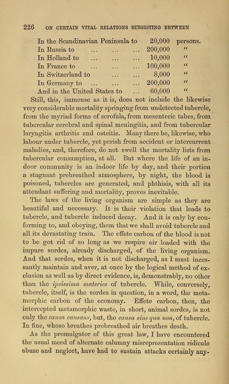 In the Scandinavian Peninsula to 20,000 persons. In Russia to 200,000 In Holland to 10,000 In France to 100,000 In Switzerland to 8,000 In Germany to 200,000 And in the United States to ... 60,000 Still, this, immense as it is, does not include the likewise very considerable mortality springing from undetected tubercle, from the myriad forms of scrofula, from mesenteric tabes, from tubercular cerebral and spinal meningitis, and from tubercular laryngitis arthritis and osteitis. Many there be, likewise, who labour under tubercle, yet perish from accident or intercurrent maladies, and, therefore, do not swell the mortality lists from tubercular consumption, at all. But where the life of an in- door community is an indoor life by day, and their portion a stagnant prebreathed atmosphere, by night, the blood is poisoned, tubercles are generated, and phthisis, with all its attendant suffering and mortality, proves inevitable. The laws of the living organism are simple as they are beautiful and necessary. It is their violation that leads to tubercle, and tubercle induced decay. And it is only by con- forming to, and obeying, them that we shall avoid tubercle and all its devastating train. The effete carbon of the blood is not to be got rid of so long as we respire air loaded with the impure sordes, already discharged, of the riving organism. And that sordes, when it is not discharged, as I must inces- santly maintain and aver, at once by the logical method of ex- clusion as well as by direct evidence, is, demonstrably, no other than the ipsissivia materies of tubercle. While, conversely, tubercle, itself, is the sordes in question, in a word, the meta- morphic carbon of the economy. Effete carbon, then, the intercepted metamorphic waste, in short, animal sordes, is not only the causa causans, but, the causa sine qua non, of tubercle. In fine, whoso breathes prebreathed air breathes death. As the promulgator of this great law, I have encountered the usual meed of alternate calumny misrepresentation ridicule abuse and neglect, have had to sustain attacks certainly any-