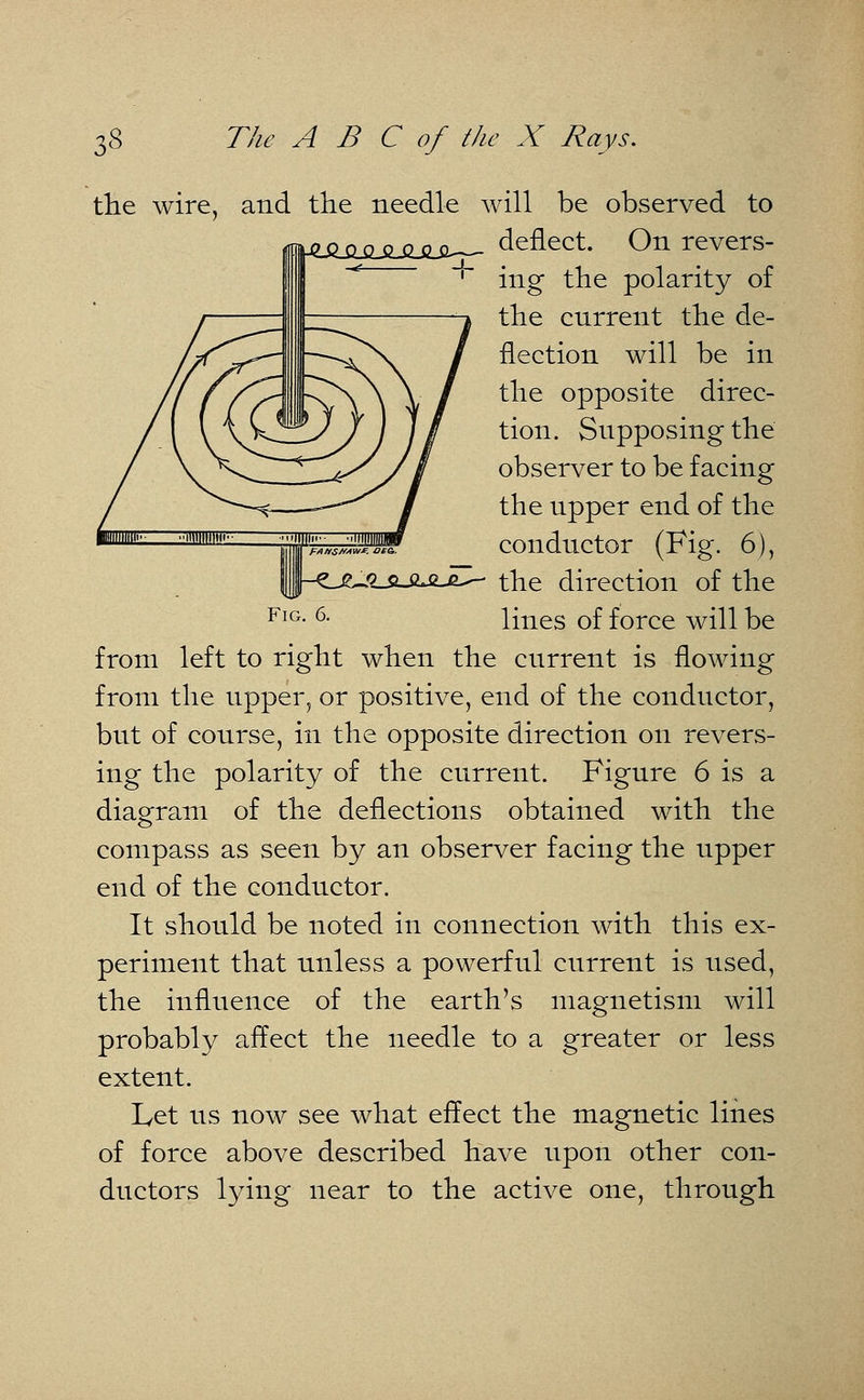 Fig the wire, and the needle will be observed to deflect. On revers- ing the polarity of the current the de- flection will be in the opposite direc- tion. Supposing the observer to be facing the upper end of the conductor (Fig. 6), the direction of the lines of force will be from left to right when the current is flowing from the upper, or positive, end of the conductor, but of course, in the opposite direction on revers- ing the polarity of the current. Figure 6 is a diagram of the deflections obtained with the compass as seen by an observer facing the upper end of the conductor. It should be noted in connection with this ex- periment that unless a powerful current is used, the influence of the earth's magnetism will probably affect the needle to a greater or less extent. Let us now see what effect the magnetic lines of force above described have upon other con- ductors lying near to the active one, through