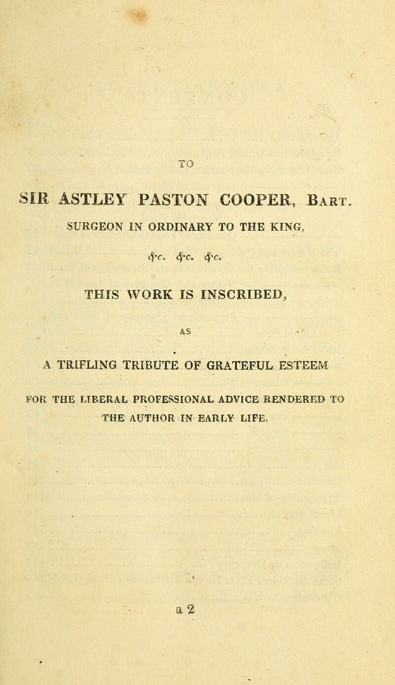 TO SIR ASTLEY PASTON COOPER, Bart SURGEON IN ORDINARY TO THE KING, <$'C. (f*Co fyc, THIS WORK IS INSCRIBED, AS A TRIFLING TRIBUTE OF GRATEFUL ESTEEM FOR THE LIBERAL PROFESSIONAL ADVICE RENDERED TO THE AUTHOR IN EARLY LIFE. a2