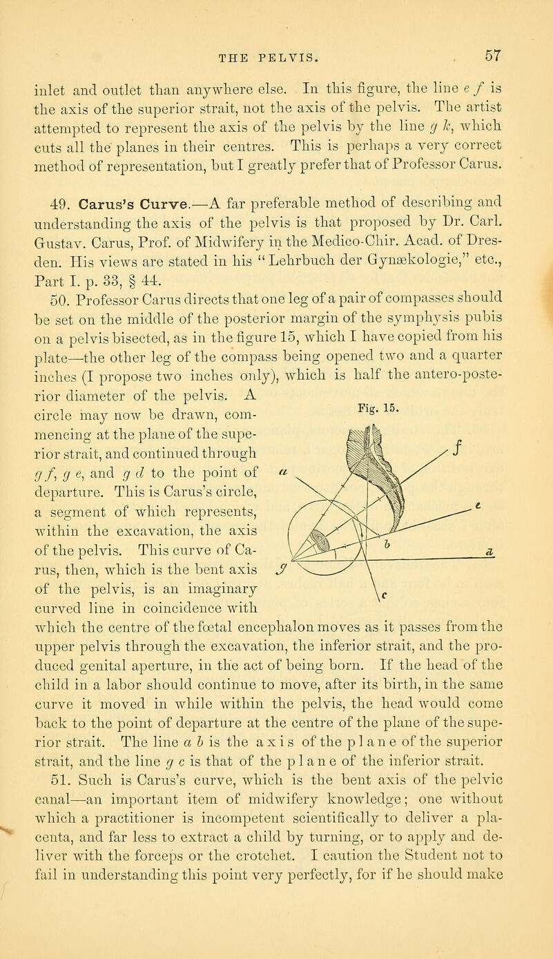 inlet and outlet than anywhere else. In this figure, the line e / is the axis of the superior strait, not the axis of the pelvis. The artist attempted to represent the axis of the pelvis by the line g k, which cuts all the planes in their centres. This is perhaps a very correct method of representation, but I greatly prefer that of Professor Carus. 49. Carus's Curve.—A far preferable method of describing and understanding the axis of the pelvis is that proposed by Dr. Carl. G-ustav. Carus, Prof, of Midwifery in the Medico-Chir. Acad, of Dres- den. His views are stated in his Lehrbuch der Gynaskologie, etc., Part I. p. 33, § 44. 50. Professor Carus directs that one leg of a pair of compasses should be set on the middle of the posterior margin of the symphysis pubis on a pelvis bisected, as in the figure 15, which I have copied from his plate—the other leg of the compass being opened two and a quarter inches (I propose two inches only), which is half the antero-poste- rior diameter of the pelvis. A circle may now be drawn, com- ^^' mencing at the plane of the supe- rior strait, and continued through g f, g e, and g d to the point of departure. This is Carus's circle, a segment of which represents, within the excavation, the axis of the pelvis. This curve of Ca- rus, then, which is the bent axis of the pelvis, is an imaginary curved line in coincidence with which the centre of the foetal encephalon moves as it passes from the upper pelvis through the excavation, the inferior strait, and the pro- duced genital aperture, in the act of being born. If the head of the child in a labor should continue to move, after its birth, in the same curve it moved in while within the pelvis, the head would come back to the point of departure at the centre of the plane of the supe- rior strait. The line a 5 is the axis of the plane of the superior strait, and the line ^ c is that of the plane of the inferior strait. 51. Such is Carus's curve, which is the bent axis of the pelvic canal—an important item of midwifery knowledge; one without which a practitioner is incompetent scientifically to deliver a pla- centa, and far less to extract a child by turning, or to apply and de- liver with the forceps or the crotchet. I caution the Student not to fail in understanding this point very perfectly, for if he should make