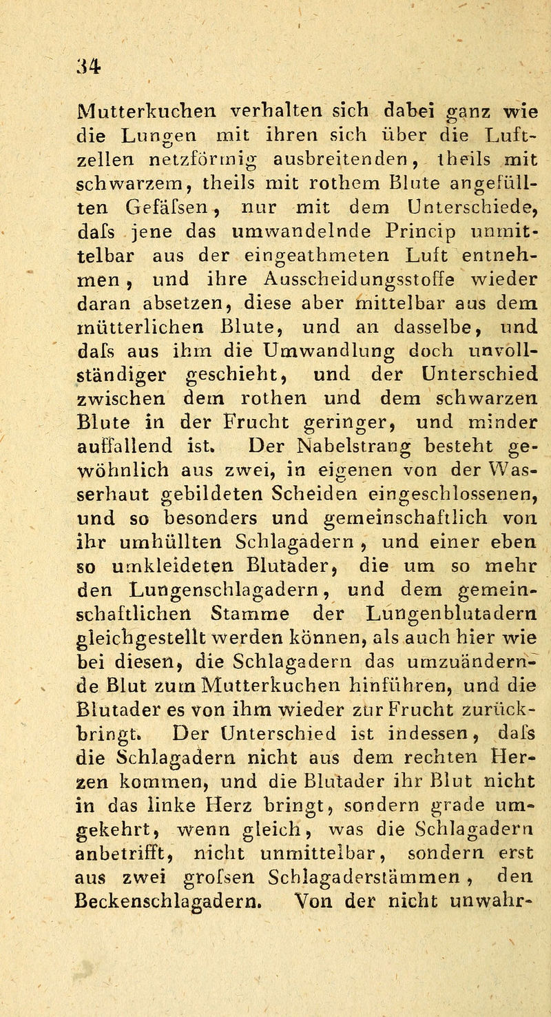 Mutterkuchen verhalten sich dabei ganz wie die Lungen mit ihren sich über die Luft- zellen netzförmig ausbreitenden, theils mit schwarzem, theils mit rothem Blute angefüll- ten Gefäfsen, nur mit dem Unterschiede, dafs jene das umwandelnde Princip unmit- telbar aus der eingeathmeten Luft entneh- men , und ihre Ausscheidungsstoffe wieder daran absetzen, diese aber mittelbar aus dem mütterlichen Blute, und an dasselbe, und dafs aus ihm die Umwandlung doch unvoll- ständiger geschieht, und der Unterschied zwischen dem rothen und dem schwarzen Blute in der Frucht geringer, und minder aufFallend ist» Der Nabelstrang besteht ge- wöhnlich aus zwei, in eigenen von der Was- serhaut gebildeten Scheiden eingeschlossenen, und so besonders und gemeinschaftlich von ihr umhüllten Schlagadern , und einer eben so umkleideten Blutader, die um so mehr den Lungenschlagadern, und dem gemein- schaftlichen Stamme der Lungenblutadern gleichgestellt werden können, als auch hier wie bei diesen, die Schlagadern das umzuändern- de Blut zum Mutterkuchen hinführen, und die Blutader es von ihm wieder zur Frucht zurück- bringt» Der Unterschied ist indessen, dafs die Schlagadern nicht aus dem rechten Her- zen kommen, und die Blutader ihr Blut nicht in das linke Herz bringt, sondern grade um- gekehrt, wenn gleich, was die Schlagadern anbetrifft, nicht unmittelbar, sondern erst aus zwei grofsen Schlagaderstämmen , den Beckenschlagadern. Von der nicht unwahr-
