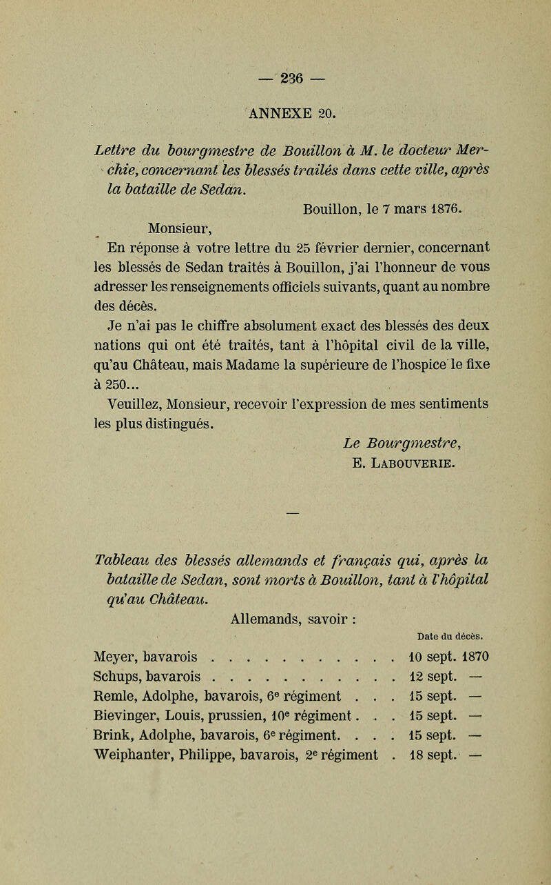 ANNEXE 20. Lettre du bourgmestre de Bouillon à M. le docteur Mer- chie, concernant les blessés traités dans cette ville, après la bataille de Sedan. Bouillon, le 7 mars 1876. Monsieur, En réponse à votre lettre du 25 février dernier, concernant les blessés de Sedan traités à Bouillon, j'ai l'honneur de vous adresser les renseignements officiels suivants, quant au nombre des décès. Je n'ai pas le chiffre absolument exact des blessés des deux nations qui ont été traités, tant à l'hôpital civil de la ville, qu'au Château, mais Madame la supérieure de l'hospice le fixe à 250... Veuillez, Monsieur, recevoir l'expression de mes sentiments les plus distingués. Le Bourgmestre, E. Labouverie. Tableau des blessés allemands et français qui, après la bataille de Sedan, sont morts à Bouillon, tant à Vhôpital qu'au Château. Allemands, savoir : Date du décès. Meyer, bavarois 10 sept. 1870 Schups, bavarois 12 sept. — Remle, Adolphe, bavarois, 6« régiment ... 15 sept. — Bievinger, Louis, prussien, 10® régiment... 15 sept. — Brink, Adolphe, bavarois, 6® régiment. ... 15 sept. — Weiphanter, Philippe, bavarois, 2« régiment . 18 sept. —