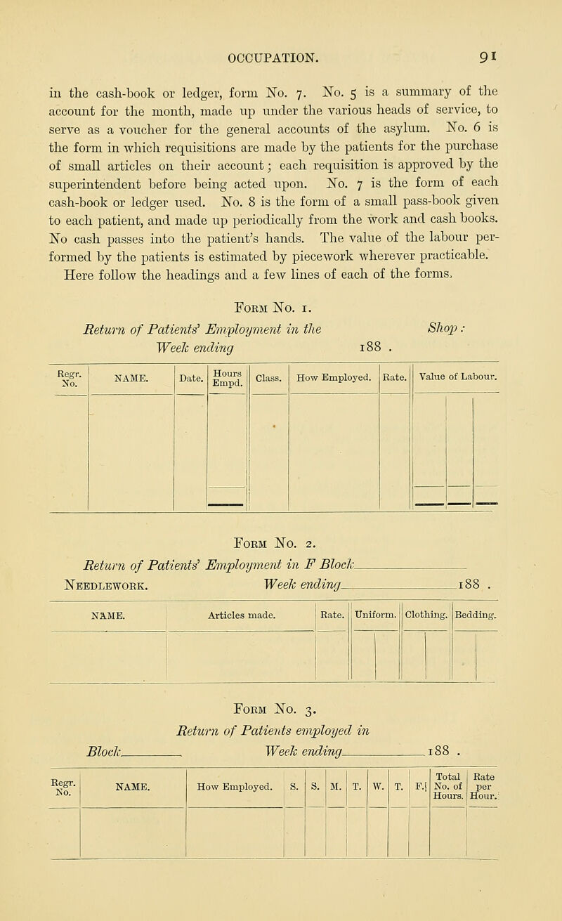 in the cash-book or ledger, form No. 7. No. 5 is a summary of the account for the month, made up under the various heads of service, to serve as a voucher for the general accounts of the asylum. No. 6 is the form in which requisitions are made by the patients for the purchase of small articles on their account; each requisition is approved by the superintendent before being acted upon. No. 7 is the form of each cash-book or ledger used. No. 8 is the form of a small pass-book given to each patient, and made up periodically from the work and cash books. No cash passes into the patient's hands. The value of the labour per- formed by the patients is estimated by piecework wherever practicable. Here follow the headings and a few lines of each of the forms. Fobm No. 1. Return of Patients Employment in the Week ending Shop Regr. No. NAME. Date. Hours Empd. Class. How Employed. Rate. Value of Labour. Form No. 2. Return of Patients' Employment in F Blocks Needlework. Week ending NAME. Articles made. Rate. Uniform. Clothing. Bedding. Block, Form No. 3. Return of Patients employed in __ Week ending Regr. No. NAME. How Employed. S. M. F.t Total I Rate No. of per Hours. Hour.1