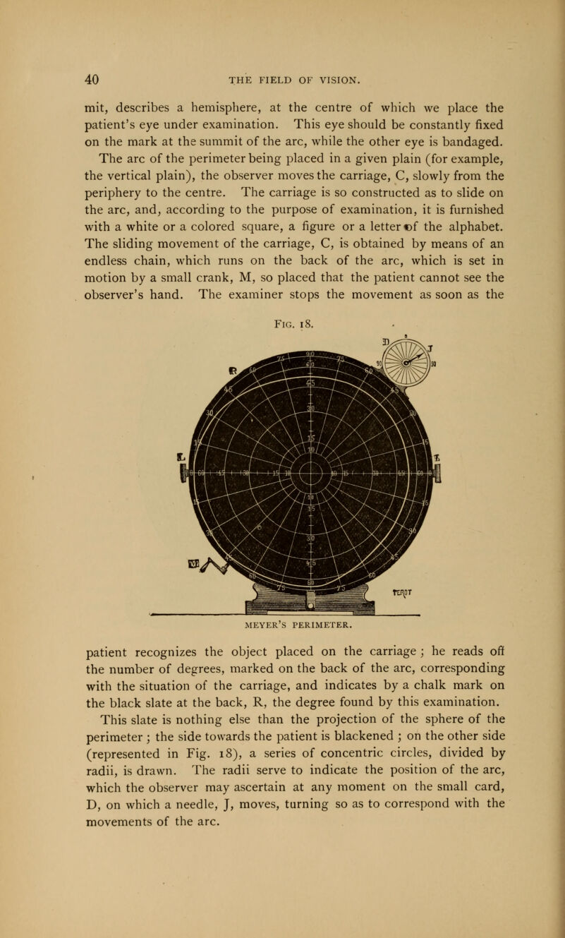 mit, describes a hemisphere, at the centre of which we place the patient's eye under examination. This eye should be constantly fixed on the mark at the summit of the arc, while the other eye is bandaged. The arc of the perimeter being placed in a given plain (for example, the vertical plain), the observer moves the carriage, C, slowly from the periphery to the centre. The carriage is so constructed as to slide on the arc, and, according to the purpose of examination, it is furnished with a white or a colored square, a figure or a letter of the alphabet. The sliding movement of the carriage, C, is obtained by means of an endless chain, which runs on the back of the arc, which is set in motion by a small crank, M, so placed that the patient cannot see the observer's hand. The examiner stops the movement as soon as the MEYERS PERIMETER. patient recognizes the object placed on the carriage ; he reads off the number of degrees, marked on the back of the arc, corresponding with the situation of the carriage, and indicates by a chalk mark on the black slate at the back, R, the degree found by this examination. This slate is nothing else than the projection of the sphere of the perimeter j the side towards the patient is blackened ; on the other side (represented in Fig. 18), a series of concentric circles, divided by radii, is drawn. The radii serve to indicate the position of the arc, which the observer may ascertain at any moment on the small card, D, on which a needle, J, moves, turning so as to correspond with the movements of the arc.