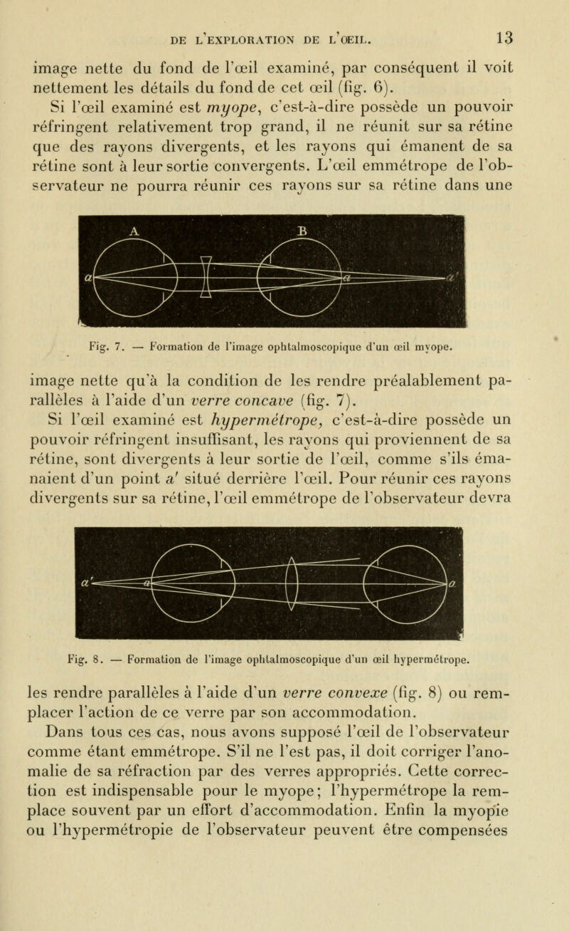 imag-e nette du fond de l'œil examiné, par conséquent il voit nettement les détails du fond de cet œil (fig. 6). Si l'œil examiné est myope^ c'est-à-dire possède un pouvoir réfringent relativement trop grand, il ne réunit sur sa rétine que des rayons divergents, et les rayons qui émanent de sa rétine sont à leur sortie convergents. L'œil emmétrope de l'ob- servateur ne pourra réunir ces rayons sur sa rétine dans une Fig. 7. — Formation de l'image ophtalmoscopique d'un œil myope. image nette qu'à la condition de les rendre préalablement pa- rallèles à Taide d'un verre concave (fig. 7). Si l'œil examiné est hypermétrope^ c'est-à-dire possède un pouvoir réfringent insuffisant, les rayons qui proviennent de sa rétine, sont divergents à leur sortie de l'œil, comme s'ils éma- naient d'un point a' situé derrière Tœil. Pour réunir ces rayons divergents sur sa rétine, l'œil emmétrope de l'observateur devra Fig. 8. — Formation de l'image ophlalmoscopique d'un œil hypermétrope. les rendre parallèles à l'aide d'un verre convexe (fig. 8) ou rem- placer l'action de ce verre par son accommodation. Dans tous ces cas, nous avons supposé l'œil de l'observateur comme étant emmétrope. S'il ne l'est pas, il doit corriger l'ano- malie de sa réfraction par des verres appropriés. Cette correc- tion est indispensable pour le myope ; l'hypermétrope la rem- place souvent par un effort d'accommodation. Enfin la myopie ou l'hypermétropie de l'observateur peuvent être compensées