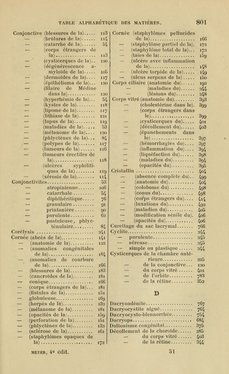 Conjonctive (blessures de la)..... — (brûlures de la) — (catarrhe de la) — (corps étrangers de la) — (cysticerques de la).. — (dégénérescence a- myloïde de la) — (dermoïdes de la) — (épithélioma de la)... — (filaire de Médine dans la) — (hyperhémie de la)... — (kystes de la) — (lipome de la) — (lithiase de la) — (lupus de la) — (maladies delà) — (mélanome de la) — (phlyctènes de la)... -- (polypes de la) — (tumeurs de la) — (tumeurs érectiles de la) — (ulcères syphiliti- ques de la) — (xérosis de la) Conjonctivites — atropinienne — catarrhale ~ diphthéritique — granulaire — printanière — purulente — pustuleuse, phlyc- ténulaire Corélysis Cornée (abcès de la) — (anatomie de la) — (anomalies congénitales de la) — (anomalies de courbure de la) — (blessures de la) — (cancroïdes de la) — conique — (corps étrangers de la)... — (fistules de la) — (herpès de la) — (mélanome de la) — (opacités de la) — (perforation de la) — (phlyctènes de la) — (sclérose de la) — (staphylômes opaques de la) MEYER, 4e édit. Il3 ii4 54 ii3 120 io5 117 120 120 54 ii8 117 121 119 53 120 84 117 ii6 ii8 119 ii4 53 io6 54 76 91 90 62 84 241 i4i 122 184 166 i83 181 166 181 i5i 169 l32 181 169 i5i l32 161 172 Cornée (staphylômes pellucides de la) 166 — (staphylôme partiel de la). 172 — (staphylôme total de la)... 172 — (taies de la) 159 — (ulcère avec inilammation delà) , 148 — (ulcère torpide de la) 149 — (ulcus serpens de la) i5o Corps ciliaire (anatomie du) 192 — (maladies du) 244 — (lésions du) 248 Corps vitré (anatomie du) 393 — (cholestérine dans le). 399 — (corps étrangers dans le) 399 — (cysticerques du) 401 — (décollement du) 4o3 — (épanchements dans le) 397 — (hémorrhagies du) 397 — (inflammation du) 394 — (liquéfaction du) 398 — (maladies du) 394 — (opacités du) 395 Cristallin 404 — (absence complète du).. 499 (anatomie du) 404 — (colobome du) 498 — (conus du) 498 — (corps étrangers du) 414 — (luxations du) 492 — (maladies du) 4o5 — (modification sénile du). 406 — (opacités du) 406 Curettage du sac lacrymal 766 Cyclite 244 — purulente 245 — séreuse 245 simple ou plastique 244 Cysticerques de la chambre anté- rieure 225 — de la conjonctive... 120 — du corps vitré 4oi — de l'orbite 788 — de la rétine 352 Dacryoadénite 767 Dacryocystite aiguë 764 Dacryocysto-blennorrhée 754 Dacryops 684 Daltonisme congénital 376 Décollement de la choroïde 285 — du corps vitré 4o3 — de la rétine 344 51