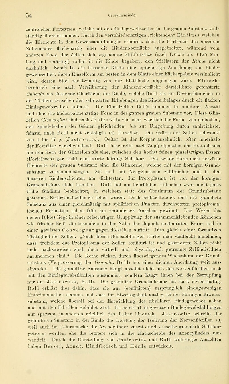 54: Grosshirnrinde. zahlreichen Fortsätzen, welche mit den Bindegewebszellen in der grauen Substanz voll- ständig übereinstimmen. Durch den verschiedenartigen „richtenden Einfluss, welchen die Elemente in den Gewebsanordnungen erfahren, sind die Fortsätze des äusseren Zellenendes flächenartig über die Eindenoberfläche ausgebreitet, während vom anderen Ende der Zellen sich sogenannte Stiftfortsätze (nach Löwe bis 0'125 Mm. lang und verästigt) radiär in die Rinde begeben, den Stielfasern der Retina nicht unähnlich. Somit ist die äusserste Rinde eine epitelartige Anordnung von Binde- gewebszellen, deren Einzelform am besten in dem Blatte einer Fächerpalme versinnlicht wird, dessen Stiel rechtwinklig von der Blattfläche abgebogen wäre. Fleischl beschrieb eine nach Versilberung der Rindenoberfläche darstellbare gefensterte Cuticula als äusserste Oberfläche der Rinde, welche BoU als ein Eiweisshäutchen in den Thälern zwischen den sehr zarten Erhebungen des Rindenbelages durch die flachen Bindegewebszellen auffasst. Die Pinselzellen BoU's kommen in minderer Anzahl und ohne die fächerpalmenartige Form in der ganzen grauen Substanz vor. Diese Glia- zellen (Neuro-glia) sind nach Jastrowitz von sehr wechselnder Form, von einfachen, den Spindelzellen der Sehnen gleichenden, bis zur Umgebung durch zahlreichste, feinste, nach Boll nicht verästigte (?) Fortsätze. Die Grösse der Zellen schwankt von 4 bis 17 \x. (Jastrowitz). Oefter ist der Körper ansehnlich, öfter innerhalb der Fortsätze verschwindend. Boll beschreibt nach Zupfpräparaten das Protoplasma um den Kern der Gliazellen als eine, zwischen den höchst feinen, pinselartigen Fasern (Fortsätzen) gar nicht contourirte körnige Substanz. Die zweite Form nicht nervöser Elemente der grauen Substanz sind die Gliakerne, welche mit der körnigen Grund- substanz zusammenhängen. Sie sind bei Neugeborenen zahlreicher und in den äusseren Rindenschichten am dichtesten. Ihr Protoplasma ist von der körnigen Grundsubstanz nicht trennbar. Boll hat am bebrüteten Hühnchen zwar nicht jenes frühe Stadium beobachtet, in welchem statt des Contimuim der Grundsubstanz getrennte Embryonalzellen zu sehen wären. Doch beobachtete er, dass die granulirte Substanz aus einer gleichmässig mit sphärischen Punkten durchsetzten protoplasma- tischen Formation schon früh ein verändertes Ansehen gewinnt. Das Wesen des neuen BildeS liegt in einer reiserartigen Grui3pirung der zusammenklebenden Körnchen wie frischer Reif, die besonders in der Nähe der doppelt contourirten Kerne und in einer gewissen Convergenz gegen dieselben auftritt. Dies gleicht einer formativen Thätigkeit der Zellen. „Nach diesen Beobachtungen dürfte man vielleicht annehmen, dass, trotzdem das Protoplasma der Zellen confluirt ist und gesonderte Zellen nicht mehr nachzuweisen sind, doch virtuell und physiologisch getrennte Zellindividuen anzunehmen sind. Die Kerne rücken durch überwiegendes Wachsthum der Grund- substanz (Vergrösserung der Granula, Boll) aus einer dichten Anordnung weit aus- einander. Die granulirte Substanz hängt absolut nicht mit den Nervenfibrillen noch mit den Bindegewebsfibrillen zusammen, sondern hängt ihnen bei der Zerzupfung nur an (Jastrowitz, Boll). Die granulirte Grundsubstanz ist stark eiweisshaltig. Boll erklärt dies dahin, dass sie aus (confluirten) ursprünglich bindegewebigen Embrionalzellen stamme und dass ihr Eiweissgehalt analog sei der körnigen Eiweiss- substanz, welche überall bei der Entwicklung des fibrillären Bindegewebes neben und mit den Fibrillen gebildet wird. Es persistirt in gewissen Bindegewebsbildungen nur sparsam, in anderen reichlich das Leben hindurch. Jastrowitz schreibt der granulirten Substanz in der Rinde die Leistung der Isolirung der Nervenfibrillen zu, weil auch im Gehirnmarke die Axencylinder zuerst durch dieselbe granulirte Substanz getrennt werden, ehe die letztere sich in die Markscheide des Axencylinders um- wandelt. Durch die Darstellung von Jastrowitz und Boll widerlegte Ansichten haben Besser, Arndt, Rindfleisch und Henle entwickelt.