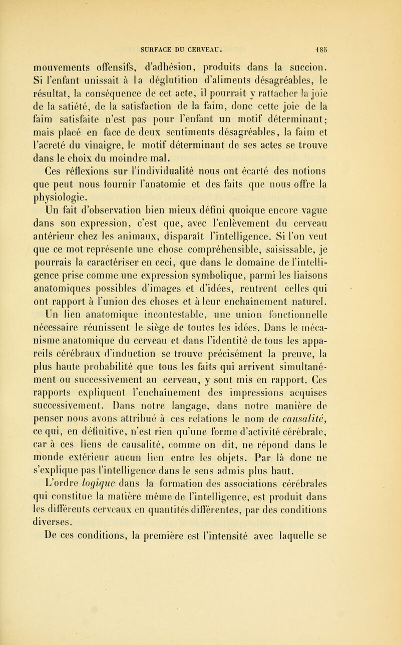 mouvements offensifs, d'adhésion, produits dans la succion. Si l'enfant unissait à la déglutition d'aliments désagréables, le résultat, la conséquence de cet acte, il pourrait y rattacher la joie de la satiété, de la satisfaction de la faim, donc cette joie de la faim satisfaite n'est pas pour l'enfant un motif déterminant; mais placé en face de deux sentiments désagréables, la faim et l'acreté du vinaigre, le motif déterminant de ses actes se trouve dans le choix du moindre mal. Ces réflexions sur l'individualité nous ont écarté des notions que peut nous fournir l'anatomie et des faits que nous offre la physiologie. Un fait d'observation bien mieux défini quoique encore vague dans son expression, c'est que, avec l'enlèvement du cerveau antérieur chez les animaux, disparaît l'intelligence. Si l'on veut que ce mot représente une chose compréhensible, saisissable, je pourrais la caractériser en ceci, que dans le domaine de l'intelli- gence prise comme une expression symbolique, parmi les liaisons anatomiques possibles d'images et d'idées, rentrent celles qui ont rapport à l'union des choses et à leur enchaînement naturel. Un lien anatomique incontestable, une union fonctionnelle nécessaire réunissent le siège de toutes les idées. Dans le méca- nisme anatomique du cerveau et dans l'identité de tous les appa- reils cérébraux d'induction se trouve précisément la preuve, la plus haute probabilité que tous les faits qui arrivent simultané- ment ou successivement au cerveau, y sont mis en rapport. Ces rapports expliquent l'enchaînement des impressions acquises successivement. Dans notre langage, dans notre manière de penser nous avons attribué à ces relations le nom de causalité, ce qui, en définitive, n'est rien qu'une forme d'activité cérébrale, car à ces liens de causalité, comme on dit, ne répond dans le monde extérieur aucun lien entre les objets. Par là donc ne s'explique pas l'intelligence dans le sens admis plus haut. L'ordre logique dans la formation des associations cérébrales qui constitue la matière même de l'intelligence, est produit dans les différents cerveaux en quantités différentes, par des conditions diverses. De ces conditions, la première est l'intensité avec laquelle se