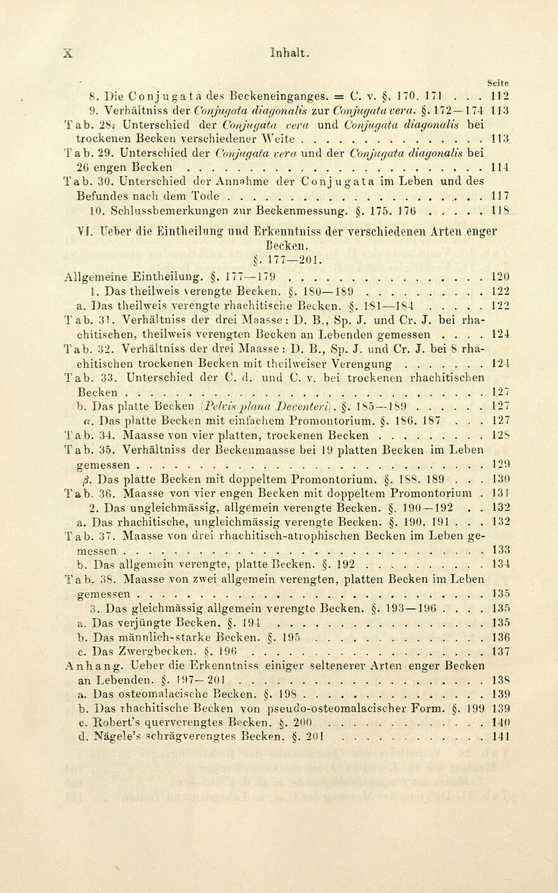 Seite 8. Die Conj ugata des Beckeneinganges. = C. v. §. 170. 171 . . . 112 9. Verhältniss der Conjugata diagonalis zur Conjicgafavera. §. 172 — 174 113 Tab. 28. Unterschied der Conjugata vera und Conjugata diagonalis bei trockenen Becken verschiedener Weite 113 Tab. 29. Unterschied der Conjugata vera und der Conjugata diagonalis bei 26 engen Becken 114 Tab. 30. Unterschied der Annahme der Conjugata im Leben und des Befundes nach dem Tode ,. . . 117 10. Schlussbemerkungen zur Beckenmessung. §. 175. 176 118 Yf. Ueber die Eintheilimg und Erkenntiiiss der verschiedenen Arten enger Becken. §. 177—201. Allgemeine Eintheilung. §. 177—179 120 1. Das theihveis verengte Becken. §. 180—189 122 a. Das theilweis verengte rhachitische Becken. §.181—184 122 Tab. 31. Verhältniss der drei Maasse: D. B., Sp. J. und Cr. J. bei rha- chitischen, theilweis verengten Becken an Lebenden gemessen . . . .124 Tab. 32. Verhältniss der drei Maasse: D. B., Sp. J. und Cr. J. bei 8 rha- chitischen trockenen Becken mit theihveiser Verengung 124 Tab. 33. Unterschied der C. d. und C. v. bei trockenen rhachitischen Becken 127 b. Das platte Becken {Pelvis jjJana Deventeri]. §. 185—189 127 «. Das platte Becken mit einfachem Promontorium. §. 186. 187 . . . 127 Tab. 34. Maasse von vier platten, trockenen Becken 12S Tab. 35. Verhältniss der Beckenmaasse bei 19 platten Becken im Leben gemessen 129 ß. Das platte Becken mit doppeltem Promontorium. §. 188. 189 . . . 130 Tab. 36. Maasse von vier engen Becken mit doppeltem Promontorium . 131 2. Das ungleichmässig, allgemein verengte Becken. §. 190—192 . . 132 a. Das rhachitische, ungleichmässig verengte Becken. §. 190. 191 . . . 132 Tab. 37. Maasse von drei rhachitisch-atrophischen Becken im Leben ge- messen 133 b. Das allgemein verengte, platte Becken. §. 192 134 Tab. 38. Maasse von zwei allgemein verengten, platten Becken im Leben gemessen 135 3. Das gleichmässig allgemein verengte Becken. §. 193—196 .... 135 a. Das verjüngte Becken. §. 194 135 b. Das männlich-starke Becken. §.195 136 c. Das Zwergbecken. §.196 137 Anhang. Ueber die Erkenntniss einiger seltenerer Arten enger Becken an Lebenden. §. i97-201 138 a. Das osteomalacische Becken. §.198 139 b. Das rhachitische Becken von pseudo-osteomalacischer Form. §. 199 139 c. Robert's querverengtes Becken. §. 200 140 d. Nägele's schrägverengtes Becken. §.201 141
