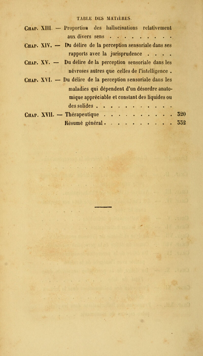 Chap. XIII. — ProporlioH des hallucinalions relativemenl aux divers sens Chap. XIV. — I>u délire de la perception sensoriale dans ses rapports avec la jurisprudence .... Chap. XV. — Du délire de la perception sensoriale dans les névroses autres que celles de l'intelligence . Chap. XVI. — Du délire de la perception sensoriale dans les maladies qui dépendent d'un désordre anato- mique appréciable et constant des liquides ou des solides Chap. XVIK ~ Thérapeutique 320 Résumé général. 332