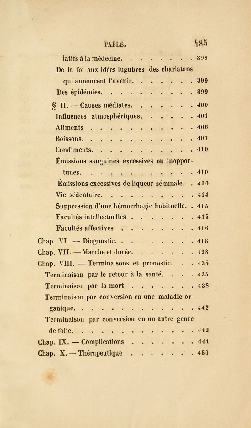 îatifs à la médecine 398 De la foi aux idées lugubres des charlatans qui annoncent l'avenir 399 Des épidémies. . 399 § II.—Causes médiates 400 Influences atmosphériques 401 Aliments . 406 Boissons 407 Condiments 410 Émissions sanguines excessives ou inoppor- tunes 410 Émissions excessives de hqueur séminale. . 410 Vie sédentaire 414 Suppression d'une hémorrhagie habituelle. .415 Facultés intellectuelles . 415 Facultés affectives 416 Chap. YI. —Diagnostic 4(8 Chap.YIL—Marche et durée 428 Chap. VIII. —Terminaisons et pronostic. . . 435 Terminaison par le retour à la santé. . . .435 Terminaison par la mort 438 Terminaison par conversion en une maladie or- ganique 442 Terminaison par conversion en un autre genre de folie 442 Chap. IX. — Complications 444 Chap. X.—Thérapeutique 450