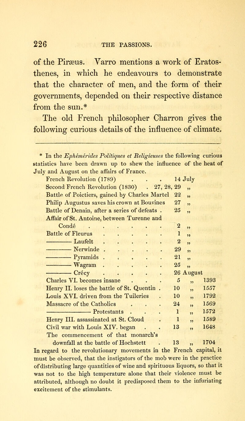 of the Pirasus. Yarro mentions a work of Eratos- thenes, in which he endeavours to demonstrate that the character of men, and the form of their governments, depended on their respective distance from the sun.* The old French philosopher Charron gives the following curious details of the influence of climate. * In the Ephemerides Politiques et Religieuses the following curioua statistics have been drawn up to shew the influence of the heat of July and August on the affairs of France. French Revolution (1789) ... 14 July Second French Revolution (1830) . 27, 28, 29 Battle of Poictiers, gained by Charles Martel 22 Philip Augustus saves his crown at Bouvines 27 Battle of Denain, after a series of defeats . 25 Affair of St. Antoine, between Turenne and Conde Battle of Fleurus Laufelt Nerwinde . Pyramids . Wagram . Crecy Charles VI. becomes insane Henry II. loses the battle of St. Quentin Louis XVI. driven from the Tuileries Massacre of the Catholics Protestants . 2 1 2 29 21 25 26 August 5 10 10 24 1 1 13 1393 1557 1792 1569 1572 1589 1648 Henry III. assassinated at St. Cloud Civil war with Louis XIV. began The commencement of that monarch's downfallat the battle of Hochstett . 13 „ 1704 In regard to the revolutionary movements in the French capital, it must be observed, that the instigators of the mob were in the practice of distributing large quantities of wine and spirituous Hquors, so that it was not to the high temperature alone that their violence must be attributed, although no doubt it predisposed them to the infuriating excitement of the stimulants.