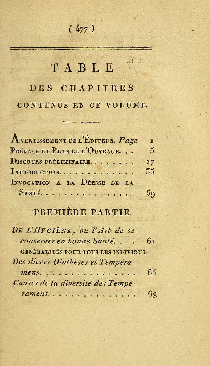 (£77) TABLE DES CHAPITRES CONTENUS EN CE VOLUME. Avertissement de l'Éditeur. Page i Préface et Plan de l'Ouvrage. . . 5 Discours préliminaire 17 Introduction 55 Invocation a la Déesse de la Santé . 5o, PREMIÈRE PARTIE. De l'Hygiène , ou l'Art de se conserver en bonne Santé. ... 61 généralités pour tous les individus. Des divers Diatkèses et Tempéra- mens 65 Causes de la diversité des Tempe- ramens 6g