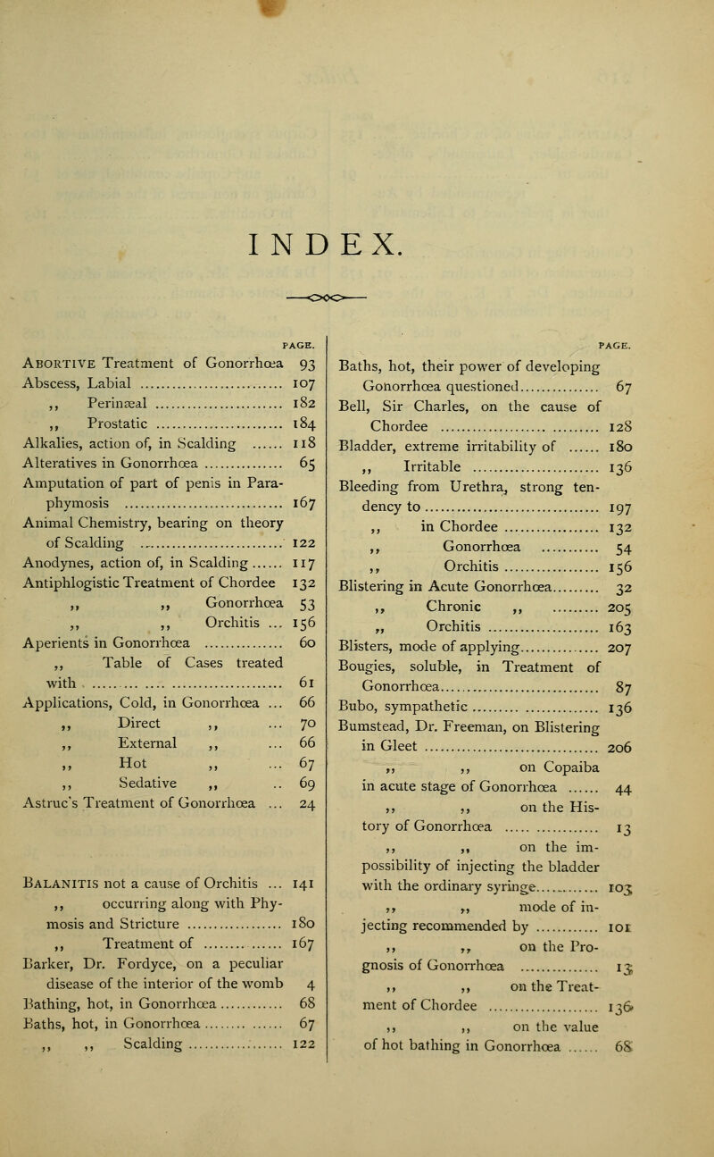 INDEX. PAGE. Abortive Treatment of Gonorrhoea 93 Abscess, Labial 107 ,, Perineal 182 ,, Prostatic 184 Alkalies, action of, in Scalding 118 Alteratives in Gonorrhoea 65 Amputation of part of penis in Para- phymosis 167 Animal Chemistry, bearing on theory of Scalding 122 Anodynes, action of, in Scalding 117 Antiphlogistic Treatment of Chordee 132 „ ,, Gonorrhoea 53 ,, ,, Orchitis ... 156 Aperients in Gonorrhoea 60 ,, Table of Cases treated with 61 Applications, Cold, in Gonorrhoea ... 66 ,, Direct ,, ... 70 ,, External ,, ... 66 ,, Hot ,, ... 67 ,, Sedative ,, ..69 Astruc's Treatment of Gonorrhoea ... 24 Balanitis not a cause of Orchitis ... 141 ,, occurring along with Phy- mosis and Stricture 180 ,, Treatment of 167 Parker, Dr. Fordyce, on a peculiar disease of the interior of the womb 4 Bathing, hot, in Gonorrhoea 68 Baths, hot, in Gonorrhoea 67 ,, ,, Scalding 122 PAGE. Baths, hot, their power of developing Gonorrhoea questioned 67 Bell, Sir Charles, on the cause of Chordee 128 Bladder, extreme irritability of 180 ,, Irritable 136 Bleeding from Urethra^ strong ten- dency to 197 ,, in Chordee 132 ,, Gonorrhoea 54 ,, Orchitis 156 Blistering in Acute Gonorrhoea 32 ,, Chronic ,, 205 „ Orchitis 163 Blisters, mode of applying 207 Bougies, soluble, in Treatment of Gonorrhoea 87 Bubo, sympathetic 136 Bumstead, Dr. Freeman, on Blistering in Gleet 206 ,, ,, on Copaiba in acute stage of Gonorrhoea 44 ,, ,, on the His- tory of Gonorrhoea 13 ,, ,, on the im- possibility of injecting the bladder with the ordinary syringe 103 ,, y, mode of in- jecting recommended by 101 ,, ,, on the Pro- gnosis of Gonorrhoea 13, 11 ,, on the Treat- ment of Chordee 136- ,, ,, on the value of hot bathing in Gonorrhoea 68