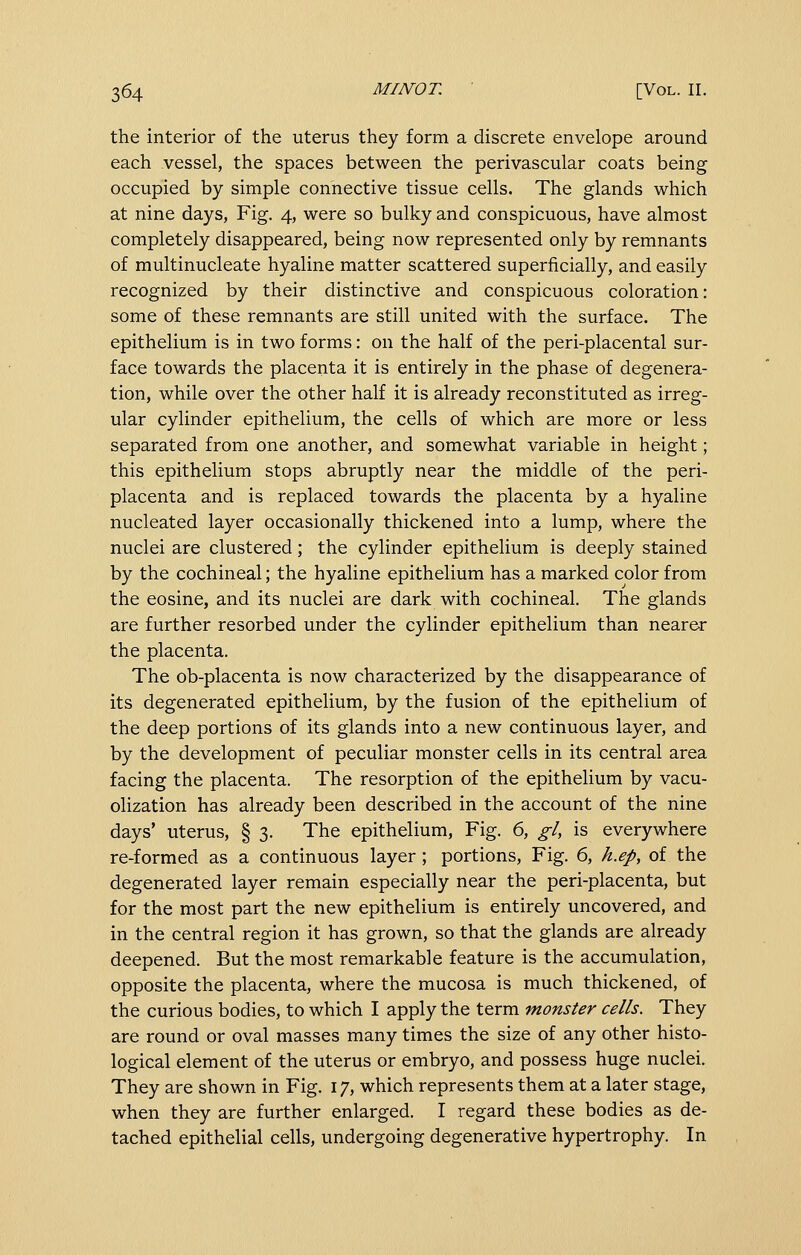the interior of the uterus they form a discrete envelope around each vessel, the spaces between the perivascular coats being occupied by simple connective tissue cells. The glands which at nine days, Fig. 4, were so bulky and conspicuous, have almost completely disappeared, being now represented only by remnants of multinucleate hyaline matter scattered superficially, and easily recognized by their distinctive and conspicuous coloration: some of these remnants are still united with the surface. The epithelium is in two forms: on the half of the peri-placental sur- face towards the placenta it is entirely in the phase of degenera- tion, while over the other half it is already reconstituted as irreg- ular cylinder epithelium, the cells of which are more or less separated from one another, and somewhat variable in height; this epithelium stops abruptly near the middle of the peri- placenta and is replaced towards the placenta by a hyaline nucleated layer occasionally thickened into a lump, where the nuclei are clustered; the cylinder epithelium is deeply stained by the cochineal; the hyaline epithelium has a marked color from the eosine, and its nuclei are dark with cochineal. The glands are further resorbed under the cylinder epithelium than nearer the placenta. The ob-placenta is now characterized by the disappearance of its degenerated epithelium, by the fusion of the epithelium of the deep portions of its glands into a new continuous layer, and by the development of peculiar monster cells in its central area facing the placenta. The resorption of the epithelium by vacu- olization has already been described in the account of the nine days' uterus, § 3. The epithelium, Fig. 6, gl, is everywhere re-formed as a continuous layer; portions. Fig. 6, h.ep, of the degenerated layer remain especially near the peri-placenta, but for the most part the new epithelium is entirely uncovered, and in the central region it has grown, so that the glands are already deepened. But the most remarkable feature is the accumulation, opposite the placenta, where the mucosa is much thickened, of the curious bodies, to which I apply the term monster cells. They are round or oval masses many times the size of any other histo- logical element of the uterus or embryo, and possess huge nuclei. They are shown in Fig. 17, which represents them at a later stage, when they are further enlarged. I regard these bodies as de- tached epithelial cells, undergoing degenerative hypertrophy. In
