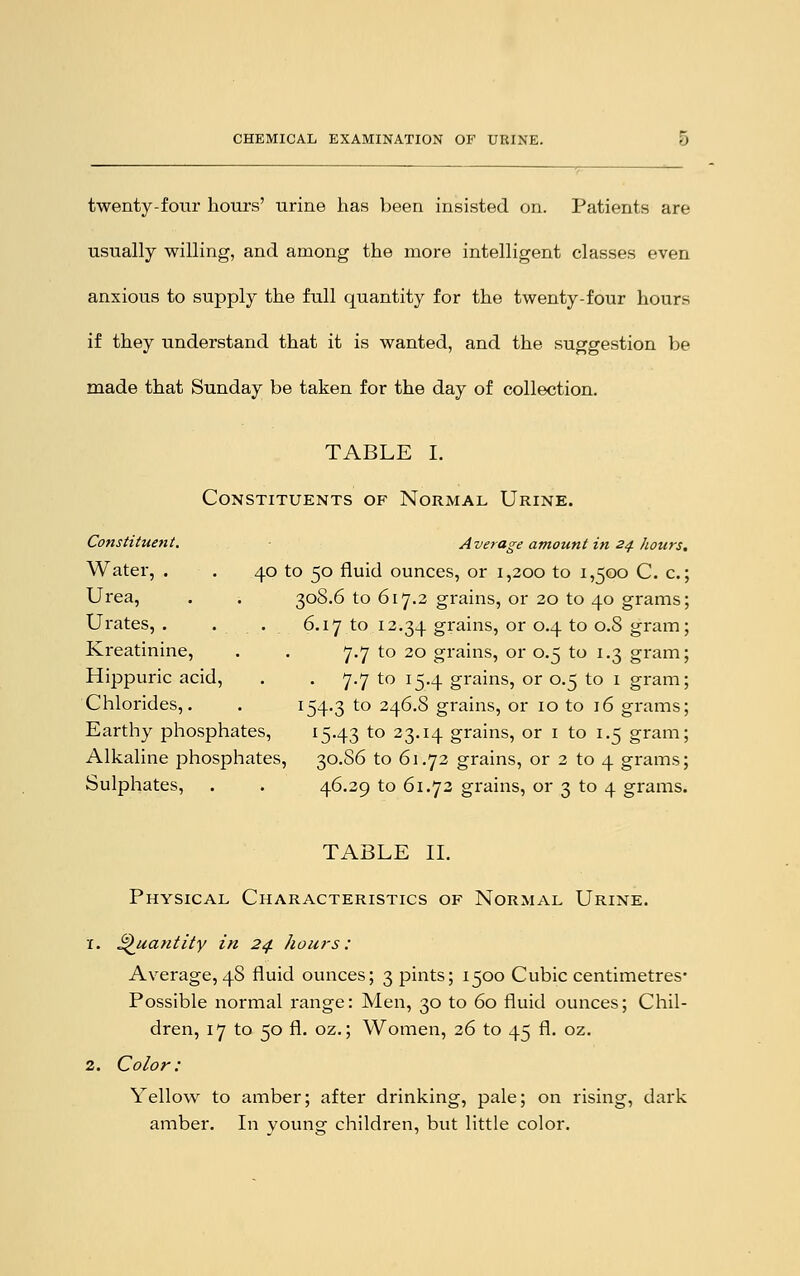 twenty-four hours' urine has been insisted on. Patients are usually willing, and among the more intelligent classes even anxious to supply the full quantity for the twenty-four hours if they understand that it is wanted, and the suggestion be made that Sunday be taken for the day of collection. TABLE I. Constituents of Normal Urine. Constituent. Average amount in 24. hours. Water, . . 40 to 50 fluid ounces, or 1,200 to 1,500 C. c. Urea, . . 30S.6 to 617.2 grains, or 20 to 40 grams Urates,. . . 6.17 to 12.34 grains, or 0.4 to 0.8 gram Kreatinine, . . 7.7 to 20 grains, or 0.5 to 1.3 gram Hippuric acid, . . 7.7 to 15.4 grains, or 0.5 to 1 gram Chlorides,. . I54-3 to 246.8 grains, or 10 to 16 grams Earthy phosphates, 1543 to 23.14 grains, or 1 to 1.5 gram Alkaline phosphates, 30.S6 to 61.72 grains, or 2 to 4 grams Sulphates, . . 46.29 to 61.72 grains, or 3 to 4 grams. TABLE II. Physical Characteristics of Normal Urine. 1. Quantity in 24 hours: Average, 48 fluid ounces; 3 pints; 1500 Cubic centimetres- Possible normal range: Men, 30 to 60 fluid ounces; Chil- dren, 17 to 50 fl. oz.; Women, 26 to 45 fl. oz. 2. Color: Yellow to amber; after drinking, pale; on rising, dark amber. In young children, but little color.