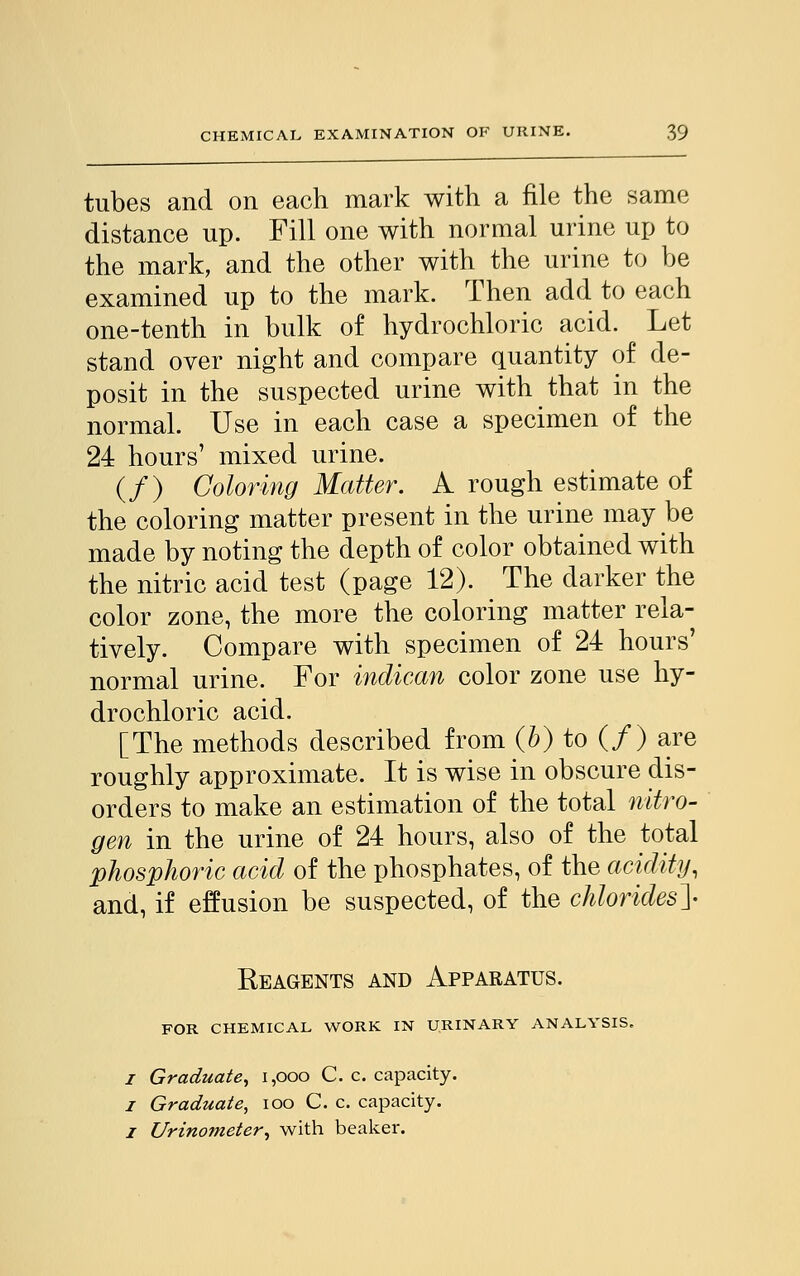 tubes and on each mark with a file the same distance up. Fill one with normal urine up to the mark, and the other with the urine to be examined up to the mark. Then add to each one-tenth in bulk of hydrochloric acid. Let stand over night and compare quantity of de- posit in the suspected urine with that in the normal. Use in each case a specimen of the 24 hours' mixed urine. (/) Coloring Matter. A rough estimate of the coloring matter present in the urine may be made by noting the depth of color obtained with the nitric acid test (page 12). The darker the color zone, the more the coloring matter rela- tively. Compare with specimen of 24 hours' normal urine. For indican color zone use hy- drochloric acid. [The methods described from (b) to (/) are roughly approximate. It is wise in obscure dis- orders to make an estimation of the total nitro- gen in the urine of 24 hours, also of the total phosphoric acid of the phosphates, of the acidity, and, if effusion be suspected, of the chlorides]- Reagents and Apparatus. FOR CHEMICAL WORK IN URINARY ANALYSIS. I Graduate, 1,000 C. c. capacity. i Graduate, ioo C. c. capacity. I Urinometer, with beaker.