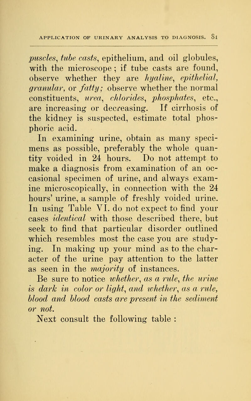 puscles, tube casts, epithelium, and oil globules, with the microscope ; if tube casts are found, observe whether they are hyaline, epithelial, granular, or fatty; observe whether the normal constituents, urea, chlorides, phosphates, etc., are increasing or decreasing. If cirrhosis of the kidney is suspected, estimate total phos- phoric acid. In examining urine, obtain as many speci- mens as possible, preferably the whole quan- tity voided in 24 hours. Do not attempt to make a diagnosis from examination of an oc- casional specimen of urine, and always exam- ine microscopically, in connection with the 24 hours' urine, a sample of freshly voided urine. In using Table VI. do not expect to find your cases identical with those described there, but seek to find that particular disorder outlined which resembles most the case you are study- ing. In making up your mind as to the char- acter of the urine pay attention to the latter as seen in the majority of instances. Be sure to notice ivhether, as a rule, the urine is dark in color or light, and whether, as a rule, blood and blood casts are present in the sediment or not. Next consult the following table :