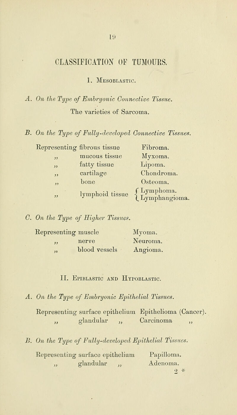 CLASSIFICATION OF TUMOURS. 1. Mesoblastic. A. On the Type of Embryonic Connective Tissue. The varieties of Sarcoma. B. On the Type of Fully-developed Connective Tissues. Representing ■ fibrous tissue Fibroma. }} mucous tissue Myxoma. }) fatty tissue Lipoma. )> cartilage Chondroma. }) bone Osteoma. }) lymphoid tissue r Lymphoma. X Lymphangioma, C. On the Type of Higher Tissues. Representing muscle Myoma. „ nerve Neuroma. „ blood vessels Angioma. II. Epiblastic and Hypoblastic. A, On the Type of Embryonic Epithelial Tissues. Representing surface epithelium Epithelioma (Cancer). „ glandular „ Carcinoma „ B. On the Type of Fully-developed Epithelial Tissues. Representing surface epithelium Papilloma. „ glandular „ Adenoma. 9 ^