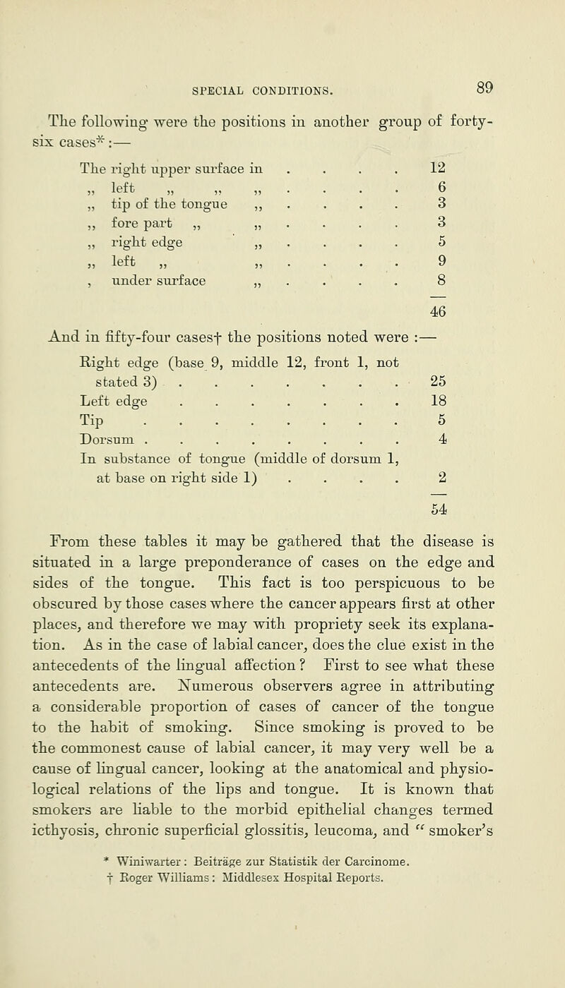 The following were the positions in another group of forty- six cases'^:— The right upper sui'face in left „ „ „ tip of the tongue ,, fore pai't „ „ right edge „ left „ „ under surface „ 12 6 3 3 5 9 46 And in fifty-four casesf the positions noted were :— Right edge (base 9, middle 12, front 1, not stated 3) 25 Left edge 18 Tip 5 Dorsum ........ 4 In substance of tongue (middle of dorsum 1, at base on right side 1) . . . . 2 64 From these tables it may be gathered that the disease is situated in a large preponderance of cases on the edge and sides of the tongue. This fact is too perspicuous to be obscured by those cases where the cancer appears first at other places, and therefore we may with propriety seek its explana- tion. As in the case of labial cancer, does the clue exist in the antecedents of the lingual afi'ection ? First to see what these antecedents are. Numerous observers agree in attributing a considerable proportion of cases of cancer of the tongue to the habit of smoking. Since smoking is proved to be the commonest cause of labial cancer, it may very well be a cause of lingual cancer, looking at the anatomical and physio- logical relations of the lips and tongue. It is known that smokers are liable to the morbid epithelial changes termed icthyosis, chronic superficial glossitis, leucoma, and '^ smoker's * Winiwarter : Beitrage zur Statistik der Carcinome. t Roger Williams: Middlesex Hospital Reports.