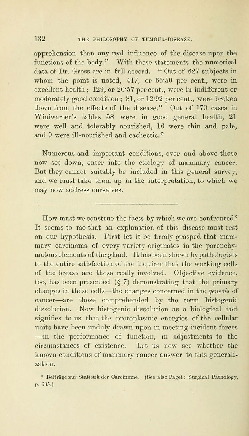 apprehension than any real influence of the disease upon the functions of the body.'' With these statements the numerical data of Dr. Gross are in full accord. Out of 627 subjects in whom the point is noted, 417, or 66*50 per cent., were in excellent health; 129, or 20'57 percent., were in indifierent or moderately good condition; 81, or 1292 per cent., were broken down from the effects of the disease.'' Out of 170 cases in Winiwarter's tables 58 were in good general health, 21 were well and tolerably nourished, 16 were thin and pale, and 9 were ill-nourished and cachectic^ Numerous and important conditions, over and above those now set down, enter into the etiology of mammary cancer. But they cannot suitably be included in this general survey, and we must take them up in the interpretation, to which we may now address ourselves. How must we construe the facts by which we are confronted? It seems to me that an explanation of this disease must rest on our hypothesis. First let it be firmly grasped that mam- mary carcinoma of every variety originates in the parenchy- matous elements of the gland. It has been shown by pathologists to the entire satisfaction of the inquirer that the working cells of the breast are those really involved. Objective evidence, too, has been presented (§ 7) demonstrating that the primary changes in these cells—the changes concerned in the genesis of cancer—are those comprehended by the term histogenic dissolution. Now histogenic dissolution as a biological fact signifies to us that the protoplasmic energies of the cellular units have been unduly drawn upon in meeting incident forces —in the performance of function, in adjustments to the circumstances of existence. Let us now see whether the known conditions of mammary cancer answer to this generali- zation. * Beitrage zur Statistik der Carcinome. (See also Paget: Surgical Pathology, p. 635.)