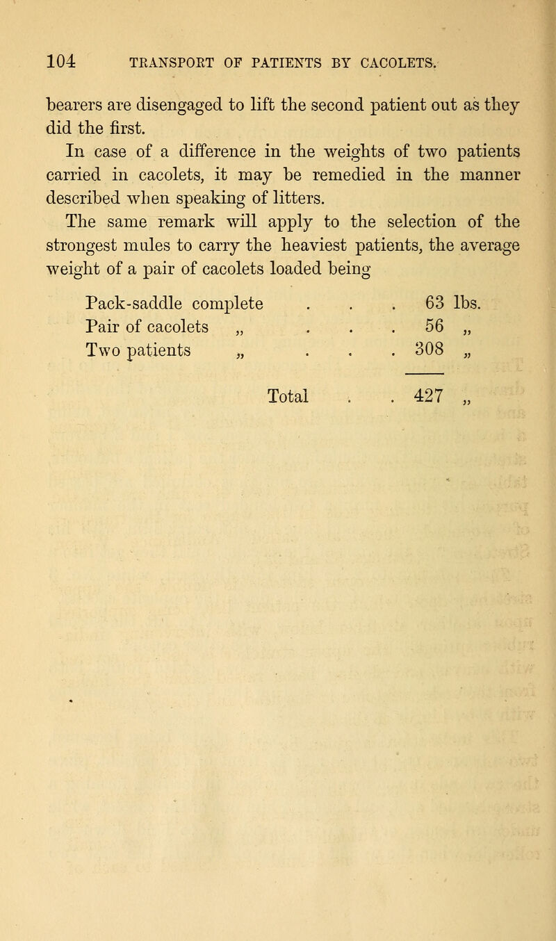 bearers are disengaged to lift the second patient out as they did the first. In case of a difference in the weights of two patients carried in cacolets, it may be remedied in the manner described when speaking of litters. The same remark will apply to the selection of the strongest mules to carry the heaviest patients, the average weight of a pair of cacolets loaded being Pack-saddle complete Pair of cacolets „ Two patients „ Total . . 427 63 lb* 56 J? 308 »