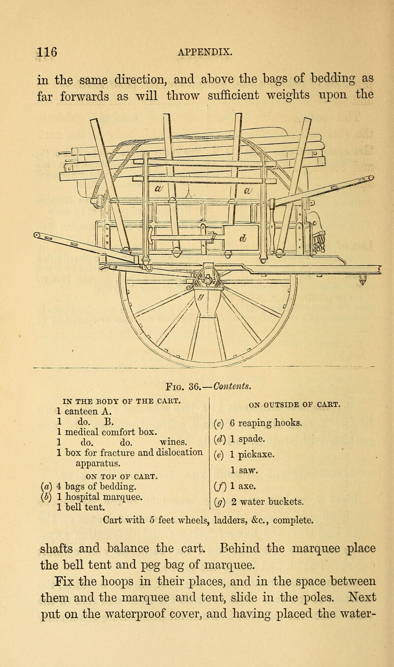 in the same direction, and above the bags of bedding as far forwards as will throw sufficient weights upon the Fig. 36.—Contents. IN THE BODY OF THE CART. 1 canteen A. 1 do. B. 1 medical comfort box. 1 do. do. •wines. 1 box for fracture and dislocation apparatus. ON TOP OF CART. (a) 4 bags of bedding. (b) 1 hospital marquee. 1 bell tent. ON OUTSIDE OF CART. (c) 6 reaping hooks. id) 1 spade. (e) 1 pickaxe. 1 saw. (/) 1 axe. (a) 2 water buckets. Cart with 5 feet wheels, ladders, &c, complete. shafts and balance the cart. Behind the marquee place the bell tent and peg bag of marquee. Fix the hoops in their places, and in the space between them and the marquee and tent, slide in the poles. Next put on the waterproof cover, and having placed the water-