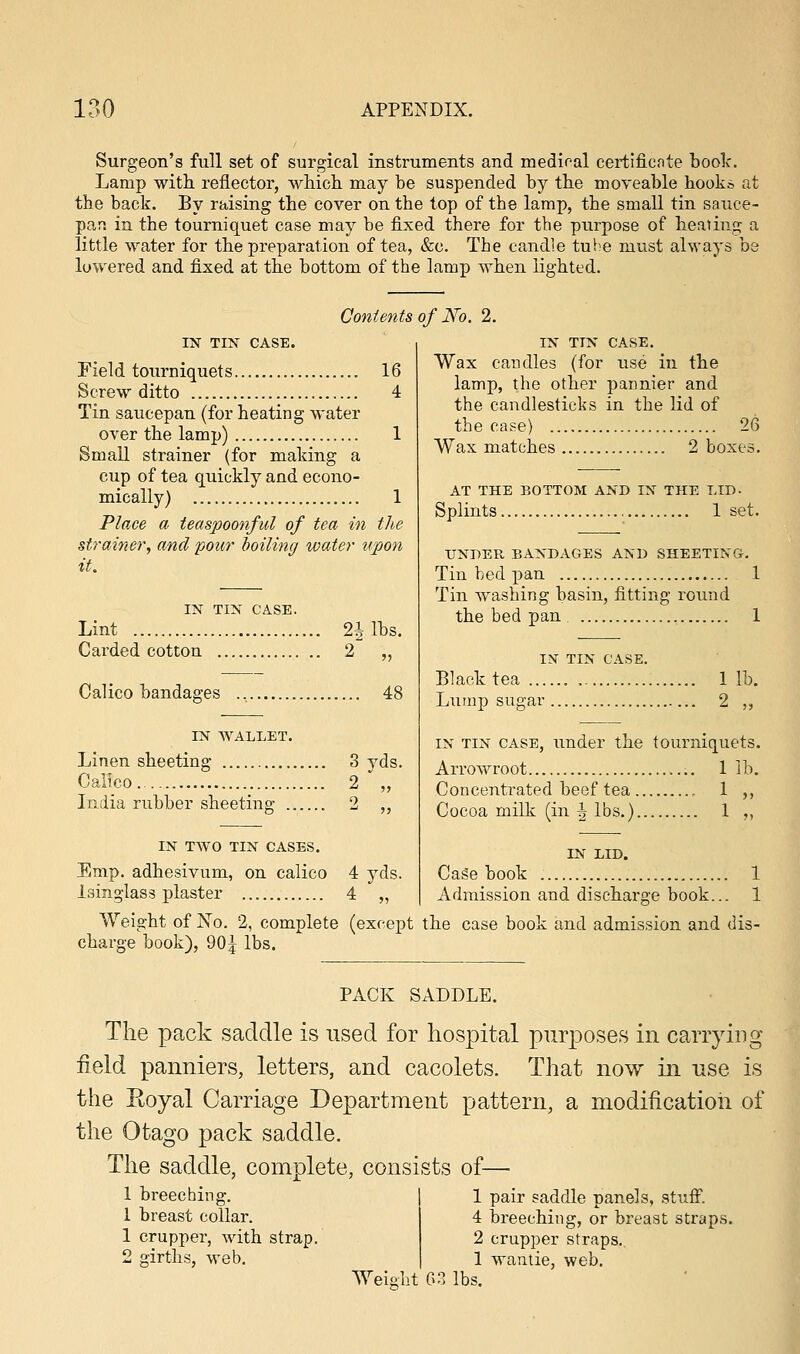 Surgeon's full set of surgical instruments and medical certificate book. Lamp with, reflector, which may be suspended by the moveable hooks at the back. By raising the cover on the top of tbe lamp, the small tin sauce- pan in the tourniquet case may be fixed there for the purpose of heating a little water for the preparation of tea, &o. The candle tube must always be lowered and fixed at the bottom of the lamp when lighted. IN TIN CASE. Field tourniquets 16 Screw ditto 4 Tin saucepan (for heating water over the lamp) 1 Small strainer (for making a cup of tea quickly and econo- mically) 1 Place a teaspoonful of tea in the strainer, and pour boiling water ttpon it. IN TIN CASE. Lint 2^ lbs. Carded cotton 2 „ Calico bandages ., 48 IN WALLET. Linen sheeting 3 yds. Calico 2 ,, India rubber sheeting 2 ,, IN TWO TIN CASES. Emp. adhesivum, on calico 4 yds. Isinglass plaster 4 „ Contents of No. 2. IN TIN CASE. Wax candles (for use in the lamp, the other pannier and the candlesticks in the lid of the case) 26 Wax matches 2 boxes. AT THE BOTTOM AND IN THE LID. Splints 1 set. UNDER BANDAGES AND SHEETING. Tin bed pan 1 Tin washing basin, fitting round the bed pan 1 IN TIN CASE. Black tea ... Lump sugar 1 lb. 2 „ in tin case, under the tourniquets. Arrowroot 1 lb. Concentrated beef tea 1 ,, Cocoa milk (in ^ lbs.) 1 ,, in lid. Casebook 1 Admission and discharge book... 1 Weight of No. 2, complete (except the case book and admission and dis- charge book), 90| lbs. PACK SADDLE. The pack saddle is used for hospital purposes in carrying field panniers, letters, and cacolets. That now in use is the Royal Carriage Department pattern, a modification of the Otago pack saddle. The saddle, complete, consists of— 1 breeching. 1 pair saddle panels, stuff. 1 breast collar. 4 breeching, or breast straps. 1 crupper, with strap. 2 crupper straps. 2 girths, web. 1 wantie, web. Weight 63 lbs.