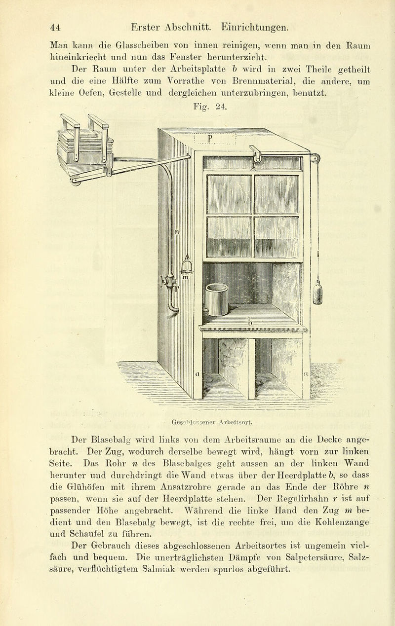 Man kann die Glasscheiben von innen reinigen, wenn man in den Raum hineinkriecht und nun das Fenster herunterzieht. Der Raum unter der Arbeitsplatte 1) wird in zwei Theile getheilt und die eine Hälfte zum Vorrathe von Brennmaterial, die andere, um kleine Oefen, Gestelle und dergleichen unterzubringen, benutzt. Fiff. 24. Geschlossener xVrbeitsort. Der Blasebalg wird links von dem Arbeitsraume an die Decke ange- bracht. Der Zug, wodurch derselbe bewegt wird, hängt vorn zur linken Seite. Das Rohr n des Blasebalges geht aussen an der linken Wand herunter und dui'chdringt die Wand etwas über der Heerdplatte h, so dass die Glühöfen mit ihrem Ansatzrohre gerade an das Ende der Röhre n passen, wenn sie auf der Heerdplatte stehen. Der Regulirhahn r ist auf passender Höhe angebracht. Während die linke Hand den Zug m be- dient und den Blasebalg bewegt, ist die rechte frei, um die Kohlenzange und Schaufel zu führen. Der Gebrauch dieses abgeschlossenen Arbeitsortes ist ungemein viel- fach und bequem. Die unerträglichsten Dämpfe von Salpetersäure, Salz- säure, verflüchtigtem Salmiak werden spurlos abgeführt.