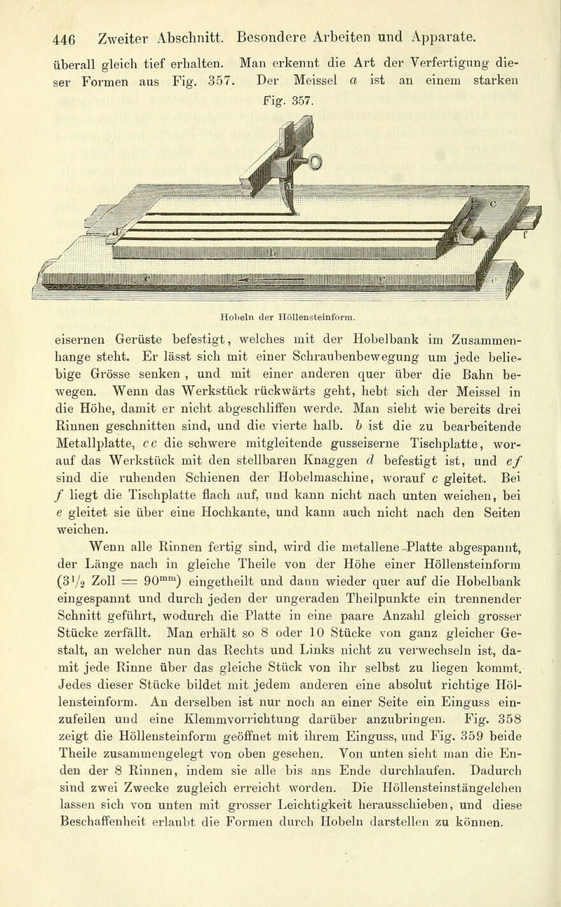 überall gleich tief erhalten. Man erkennt die Art der Verfertigung die- ser Formen aus Fig. 357. Der Meissel a ist an einem starken Fig. 357. Hobeln der Höllensteinform. eisernen Gerüste befestigt, welches mit der Hobelbank im Zusammen- hange steht. Er lässt sich mit einer Schraubenbewegung um jede belie- bige Grösse senken , und mit einer anderen quer über die Bahn be- wegen. Wenn das Werkstück rückwärts geht, hebt sich der Meissel in die Höhe, damit er nicht abgeschliffen werde. Man sieht wie bereits drei Rinnen geschnitten sind, und die vierte halb. & ist die zu bearbeitende Metallplatte, cc die schwere mitgleitende gusseiserne Tischplatte, wor- auf das Werkstück mit den stellbaren Knaggen d befestigt ist, und ef sind die ruhenden Schienen der Hobelmaschine, worauf c gleitet. Bei / liegt die Tischplatte flach auf, und kann nicht nach unten weichen, bei e gleitet sie über eine Hochkante, und kann auch nicht nach den Seiten weichen. Wenn alle Rinnen fertig sind, wird die metallene -Platte abgespannt, der Länge nach in gleiche Theile von der Höhe einer Höllensteinform (3Y2 Zoll = 90™^) eingetheilt und dann wieder quer auf die Hobelbank eingespannt und durch jeden der ungeraden Theilpunkte ein trennender Schnitt geführt, wodurch die Platte in eine paare Anzahl gleich grosser Stücke zerfällt. Man erhält so 8 oder 10 Stücke von ganz gleicher Ge- stalt, an welcher nun das Rechts und Links nicht zu verwechseln ist, da- mit jede Rinne über das gleiche Stück von ihr selbst zu liegen kommt. Jedes dieser Stücke bildet mit jedem anderen eine absohit richtige Höl- lensteinform. An derselben ist nur noch an einer Seite ein Einguss ein- zuteilen und eine Klemmvorrichtung darüber anzubringen. Fig. 358 zeigt die Höllensteinform geöffnet mit ihrem Einguss, und Fig. 359 beide Theile zusammengelegt von oben gesehen. Von unten sieht man die En- den der 8 Rinnen, indem sie alle bis ans Ende durchlaufen. Dadurch sind zwei Zwecke zugleich eri-eicht worden. Die Höllensteinstängelchen lassen sich von unten mit grosser Leichtigkeit herausschieben, und diese Beschaffenheit erlaubt die Formen durch Hobeln darstellen zu können.