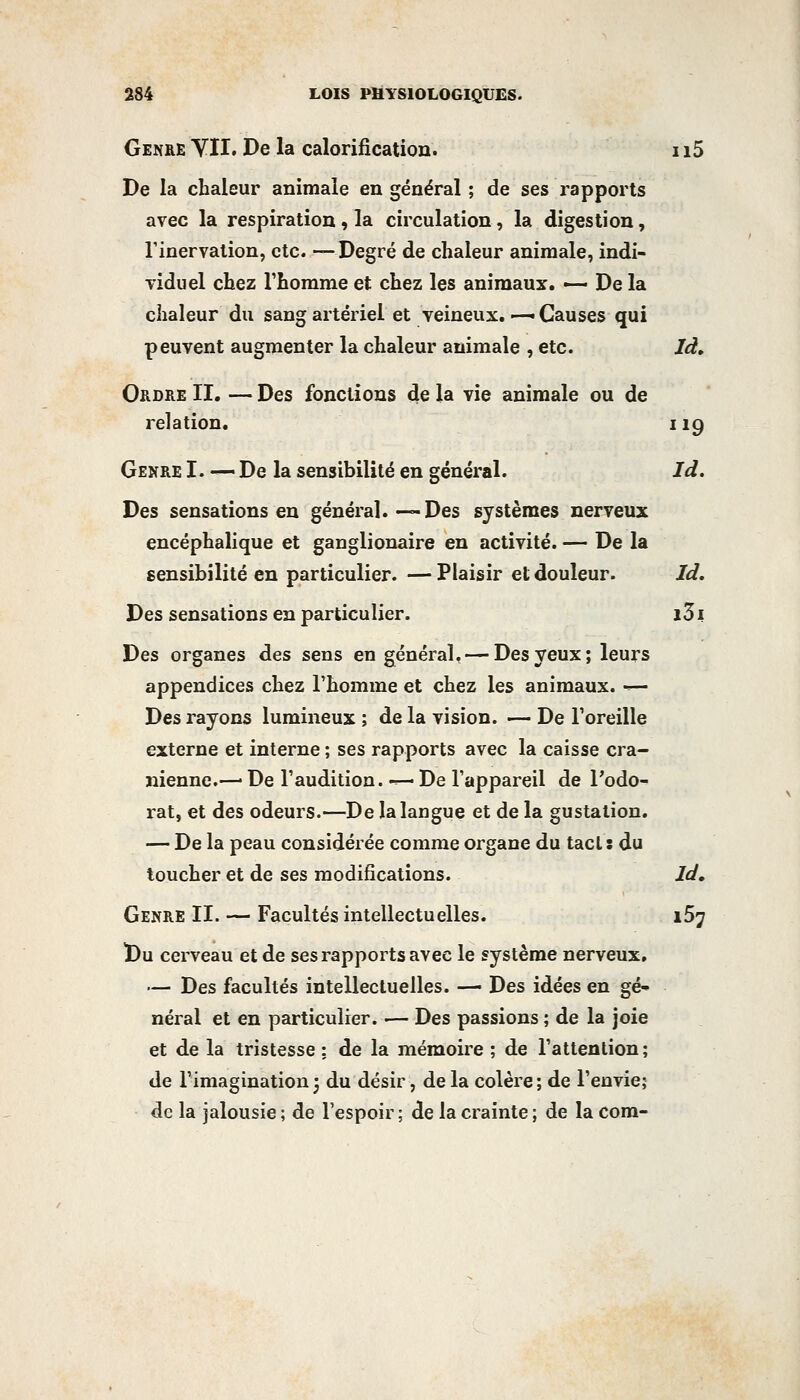 Genre YII. De la calorification. ii5 De la chaleur animale en général ; de ses rapports avec la respiration , la circulation, la digestion, rinervalion, etc. —Degré de chaleur animale, indi- viduel chez l'homme et chez les animaux. — De la chaleur du sang artériel et veineux.—Causes qui peuvent augmenter la chaleur animale , etc. Id, Ordre II. — Des fonctions de la vie animale ou de relation, 119 Genre I. — De la sensibilité en général. Id, Des sensations en général.—Des systèmes nerveux encéphalique et ganglionaire en activité. — De la sensibilité en particulier. — Plaisir et douleur. Id. Des sensations en particulier. i3i Des organes des sens en général, — Des yeux; leurs appendices chez l'homme et chez les animaux. — Des rayons lumineux ; de la vision. — De l'oreille externe et interne ; ses rapports avec la caisse crâ- nienne.—' De l'audition. -^- De l'appareil de l'odo- rat, et des odeurs.—De la langue et de la gustation. — De la peau considérée comme organe du tact : du toucher et de ses modifications. Id, Genre II. — Facultés intellectuelles. 157 ï)u cerveau et de ses rapports avec le système nerveux, — Des facultés intellectuelles. — Des idées en gé- néral et en particulier. — Des passions ; de la joie et de la tristesse : de la mémoire ; de l'attention; de l'imagination 3 du désir, de la colère ; de l'envie; de la jalousie ; de l'espoir ; de la crainte ; de la cora-